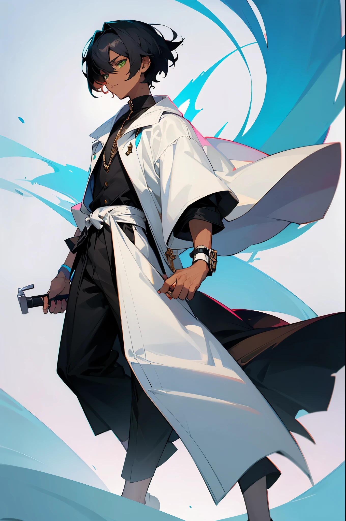 1male, young, dark skin, modern clothes, black hair, medium hair, green eyes, full body, finely detailed
