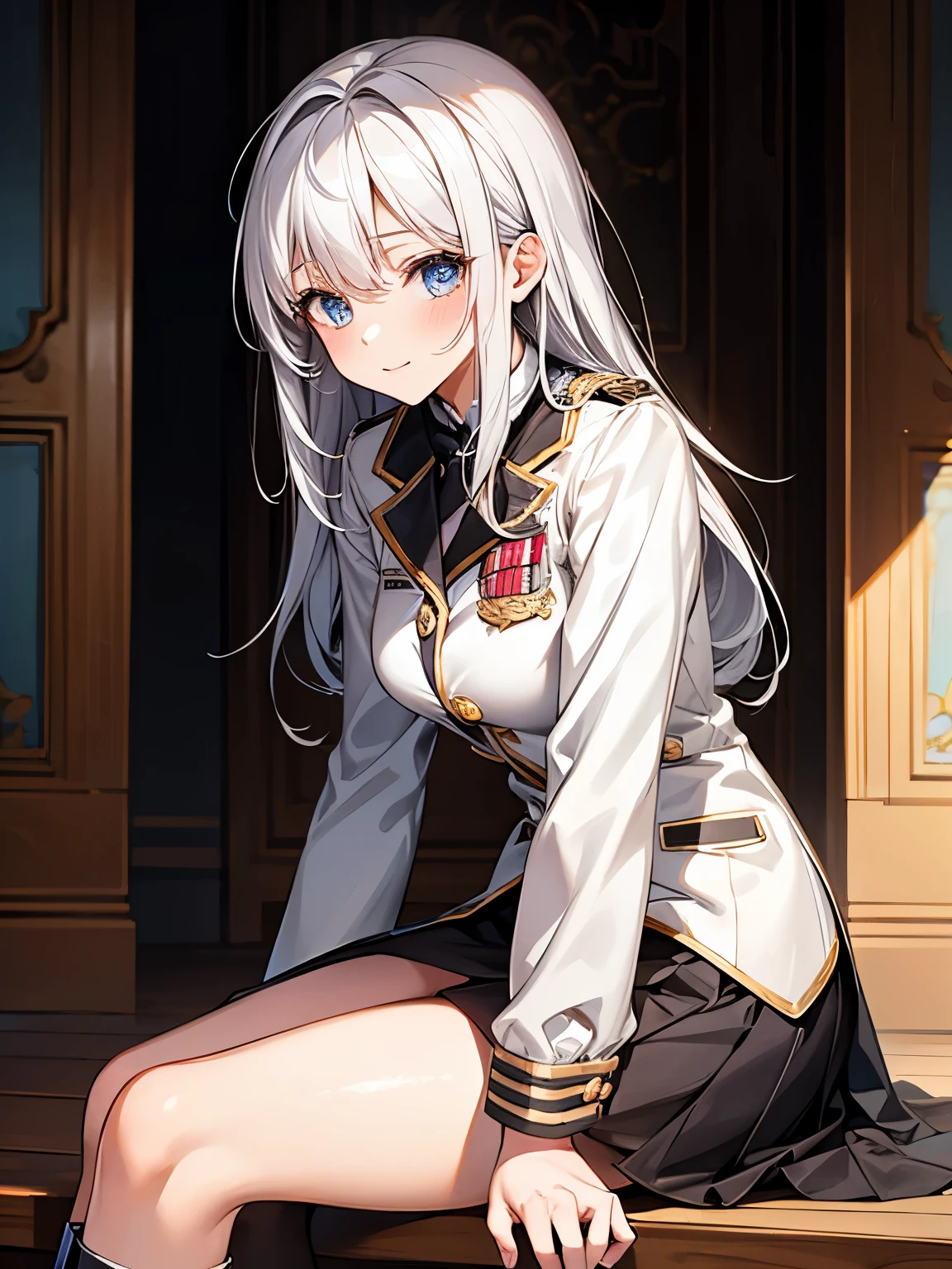 masterpiece, best quality, {best quality}, {{masterpiece}}, {high resolution}, girl，uniform，white hair，cute，1girl，beauty，sitting position，Mid-length boots，Shy