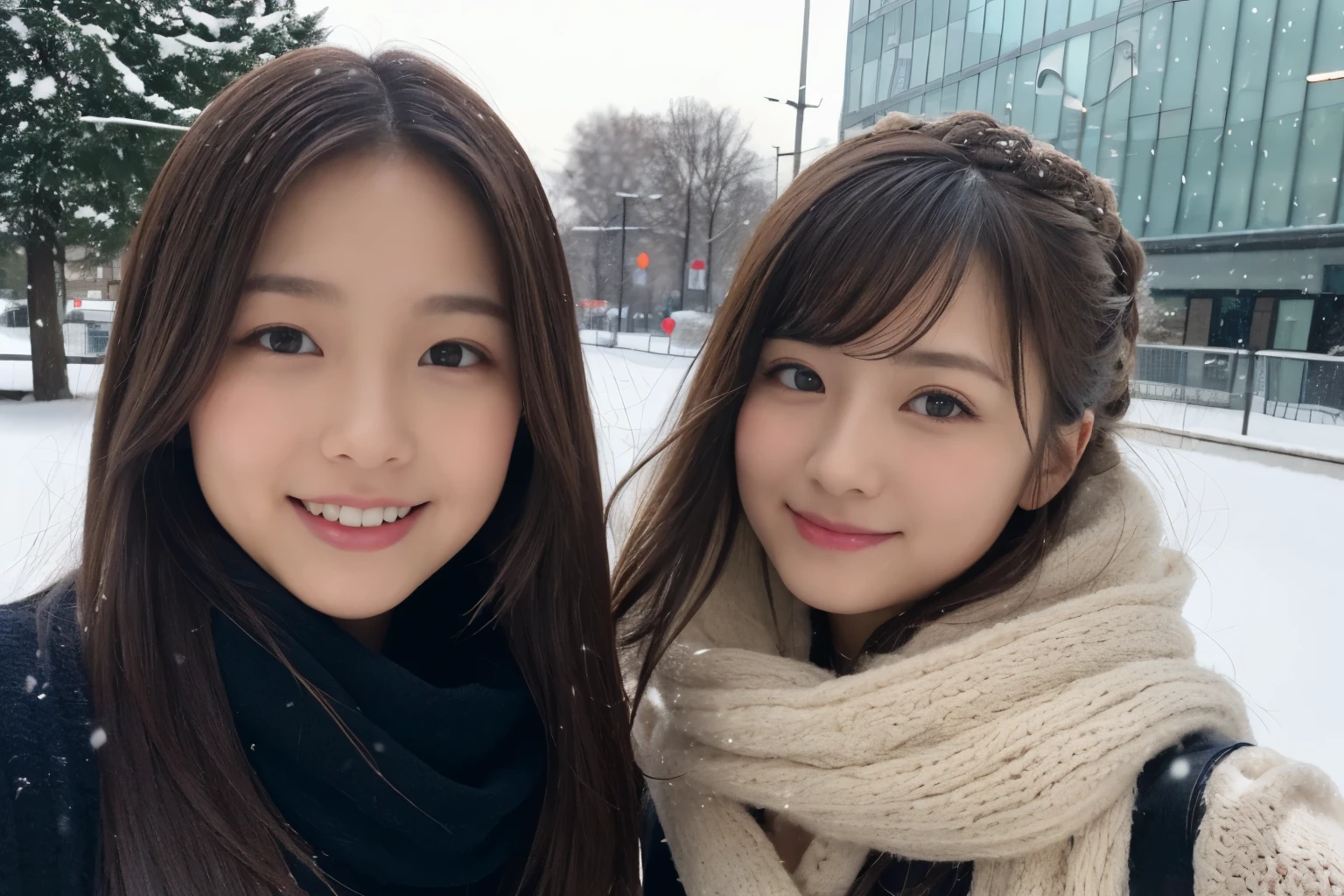 ((show only the face、close up of face))、(realistic、Photoreal、Super detailed、best detailed skin、highest quality、masterpiece、超A high resolution)、cute japanese woman、17 years old、high school girl、young girl、no makeup、have bangs、double eyelid、big black eyes、Japanese style face、smile、realistic肌タイプ、thick muffler、Gray muffler、fluffy hair、((scarf hair:1.3))、The wind is blowing、that&#39;that&#39;It&#39;s snowing、illumination、lighting from behind