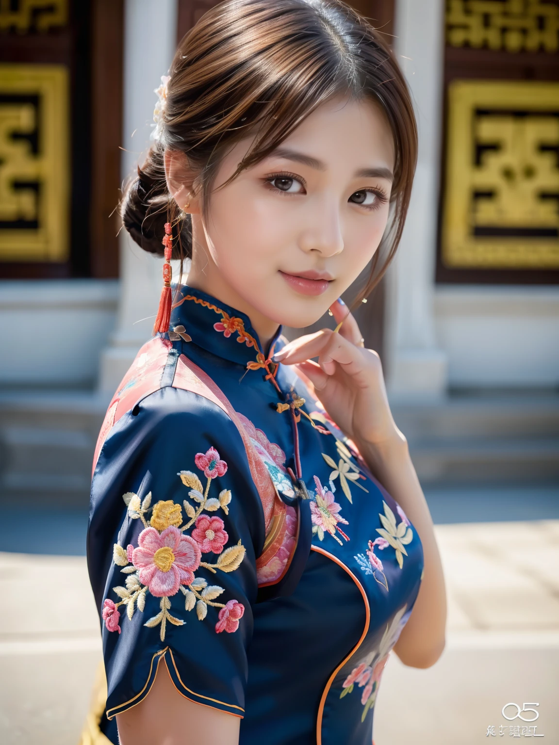 ulzzang-6500-v1.1, (Raw foto:1.2), (Photorealsitic:1.4), Delicate beautiful girl，The sparkling eyes have a very nice atmosphere..，18yo, Attractive eyes and moist lips，cabelos preto e longos，（ssmile：1.3），Detailed depiction of the face，Formula details，Detailed depiction of facial features Star Masterpiece Fine Detail，Describe your role in detail，Detailed depiction of hair，Carefully drawn ，My body is bumpy，Detailed depiction of the hand，Clothes drawn in detail，Detailed depiction of the face，face perfect，Detailed depiction of hands drawn in the military，4fingers and 1thumb：1.3），orthofacial，choker necklace，lipsticks，eardrop，Photo of three-quarters，Works of masters，Infinitely close to reality，（Upper body photo：1.3），Highest image quality，best qualtiy，infinite details，8k resolution，(((Beautiful patterned embroidered cheongsam 1.3)))，(((Colorful cheongsam)))，（Ancient courtyard scene：1.3）,whole body shot,