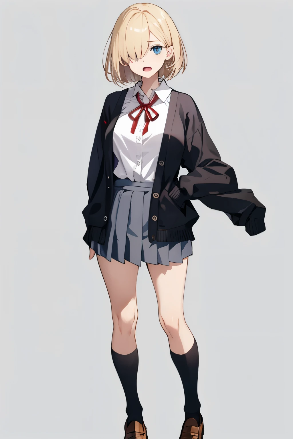 Full body,standing,solo,gal,1Girl,jitome,blue eyes,hair over one eye,large breasts, brown skin,(open mouth),(displeased),BREAK,blonde hair, straight bob cut,BREAK,School Uniforms, dark grey short pleated skirt,BREAK,sleeves past wrists black baggy cardigan,BREAK,inner wear is white collared-shirt, BREAK,It's loose red small ribbon,black socks, loafers
