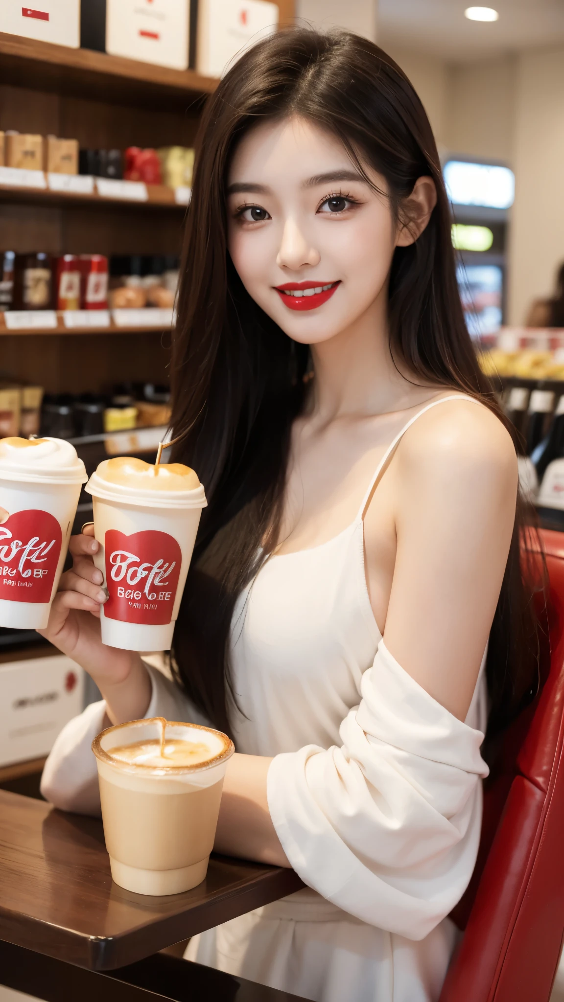 beautiful girl, korean makeup, korean girl, red lips, smiling, girl having coffee in the store.