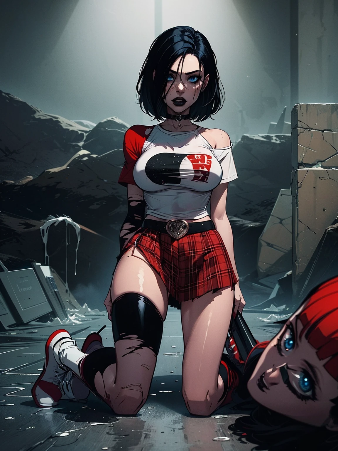 a woman with short black hair, hair on shoulders,  wearing a red t-shirt  and plaid skirt, blue eyes, zombie art, gothic art, cute aesthetic with vibe, toon aesthetic, wearing red costume, wearing gothic accessories, look like Cassie Hack, upper body, horror background
