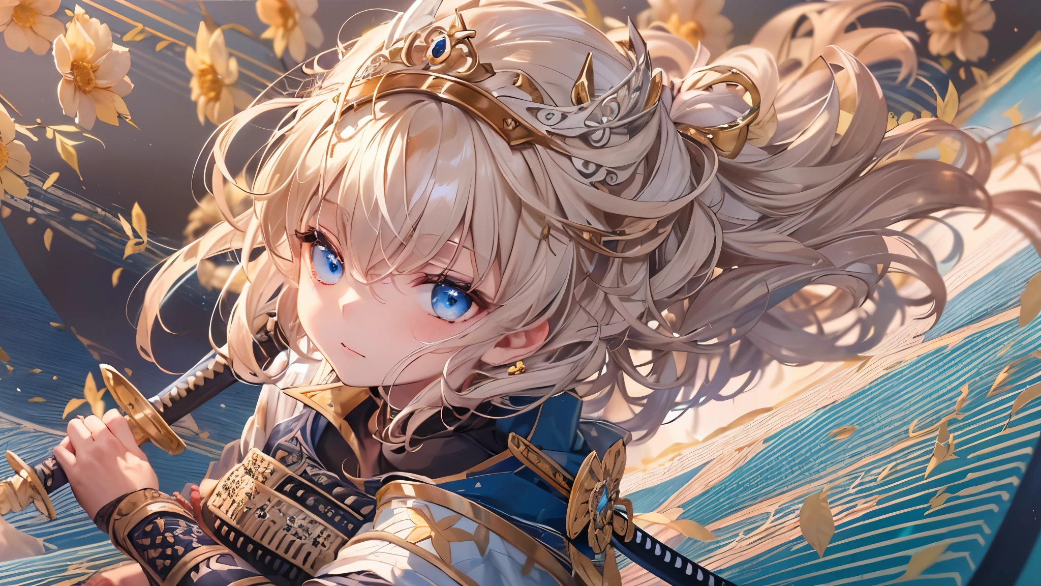 perfect anatomy, masterpiece:1.2, best quality, 8k, beautiful detailed grow, daydreaming expression, break, panoramic wide-angel ((hand holding Japanese long swords gripping swords in hands)), (solo curly blonde hair long hair cute girl, cute blue eyes, serious face), (head is black ribbon), ((in a samurai armor)), (((in the sengoku battlefield))).