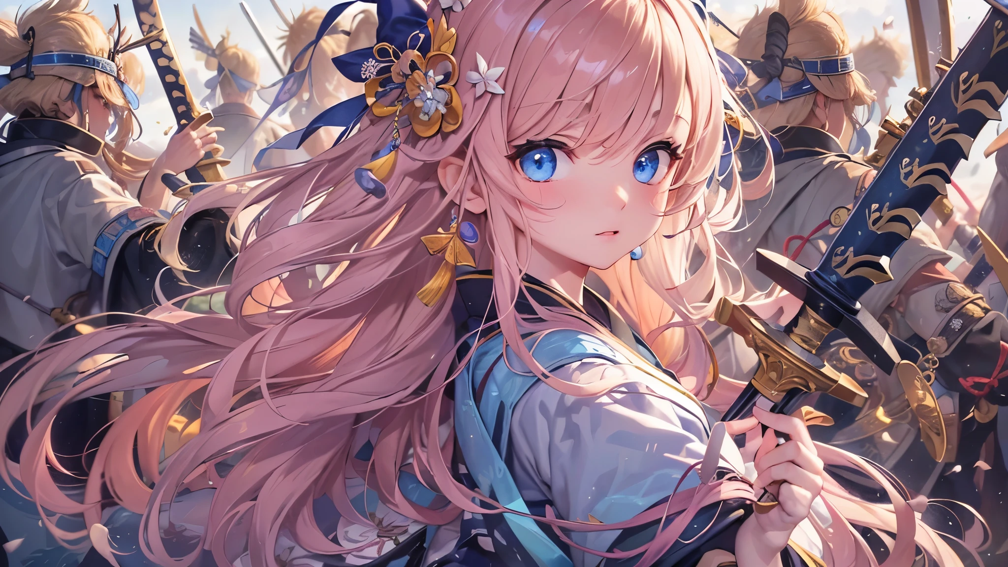 perfect anatomy, masterpiece:1.2, best quality, 8k, beautiful detailed grow, daydreaming expression, break, panoramic wide-angel ((hand holding Japanese long swords gripping swords in hands)), (solo curly blonde hair long hair cute girl, cute blue eyes, serious face), (head is black ribbon), ((in a samurai armor)), (((in the sengoku battlefield))).