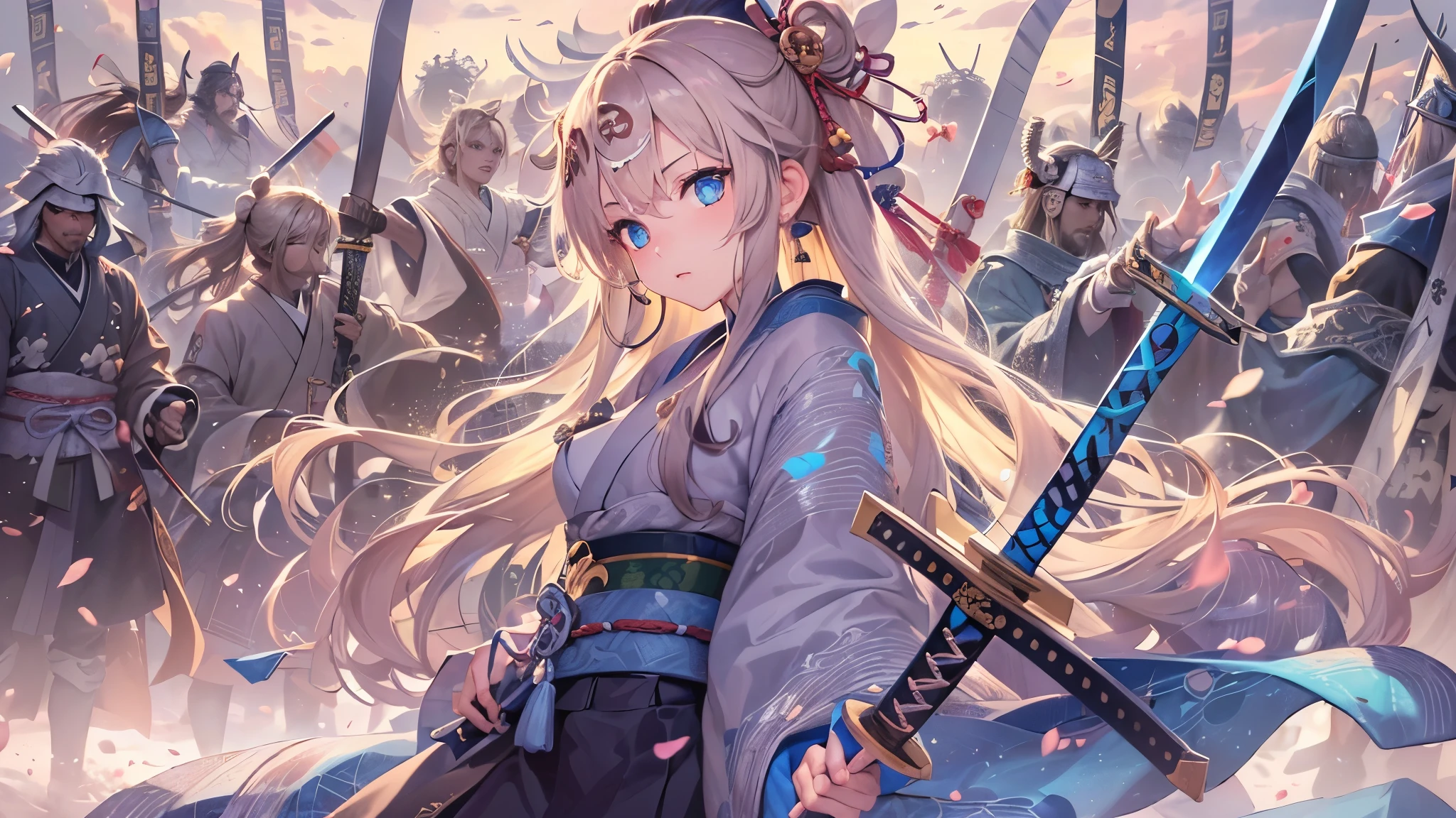 perfect anatomy, masterpiece:1.2, best quality, 8k, beautiful detailed grow, daydreaming expression, break, panoramic-((hand holding Japanese long swords gripping swords in hands)), (solo curly blonde hair long hair cute girl, cute blue eyes, serious face), (head is black ribbon), ((in a samurai armor)), (((in the sengoku battlefield))).