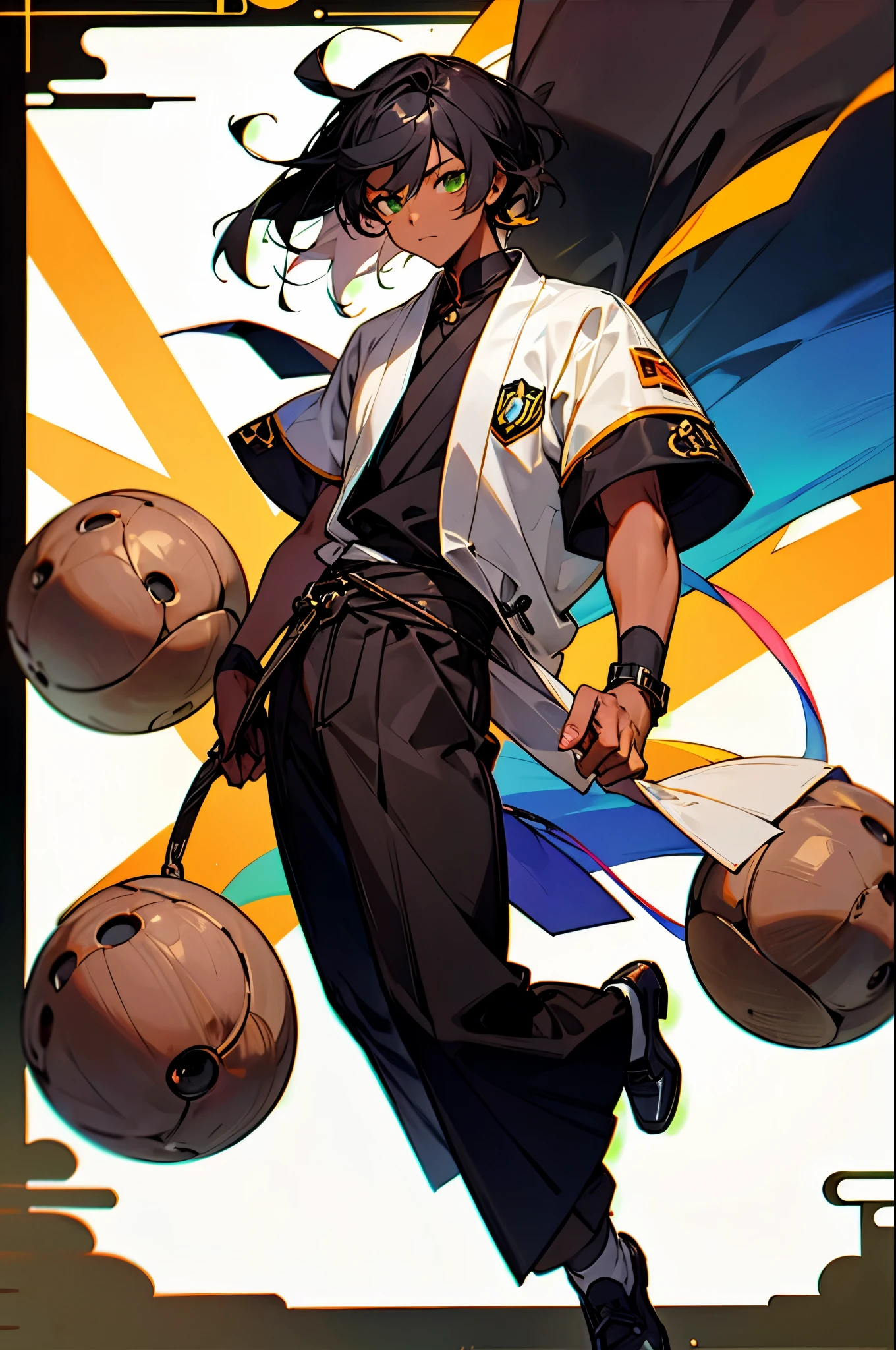 1male, young, dark skin, modern clothes, black hair, medium hair, green eyes, full body, finely detailed