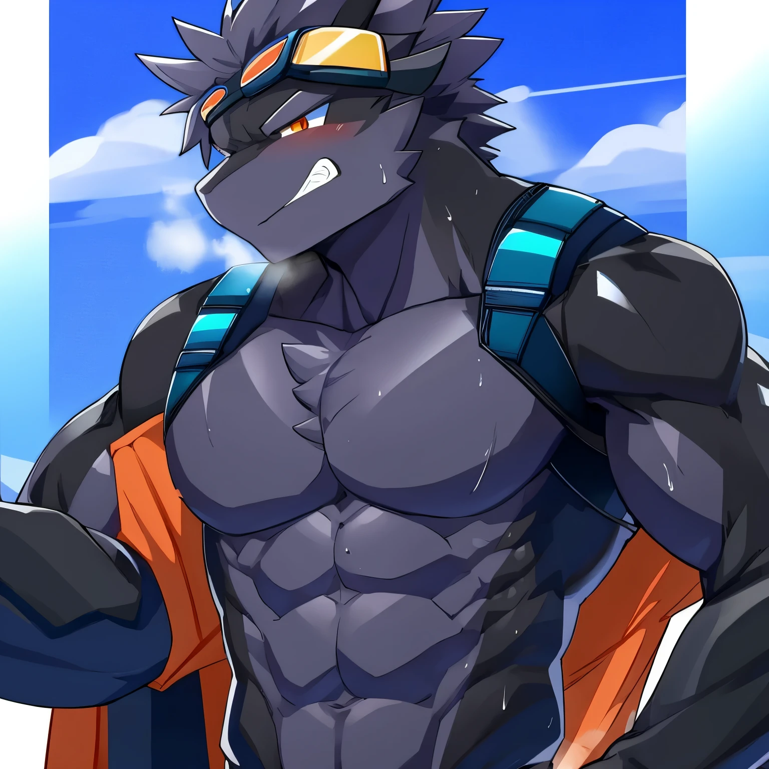 Thin macho　western black dragon　　abs　　　future goggles　　ほりのあるabs　　body suit　　thick arms　　　chest rig　　　、sweaty　　　skin glow　　profile　　Wearily　short of breath　　clenching one&#39;s back teeth