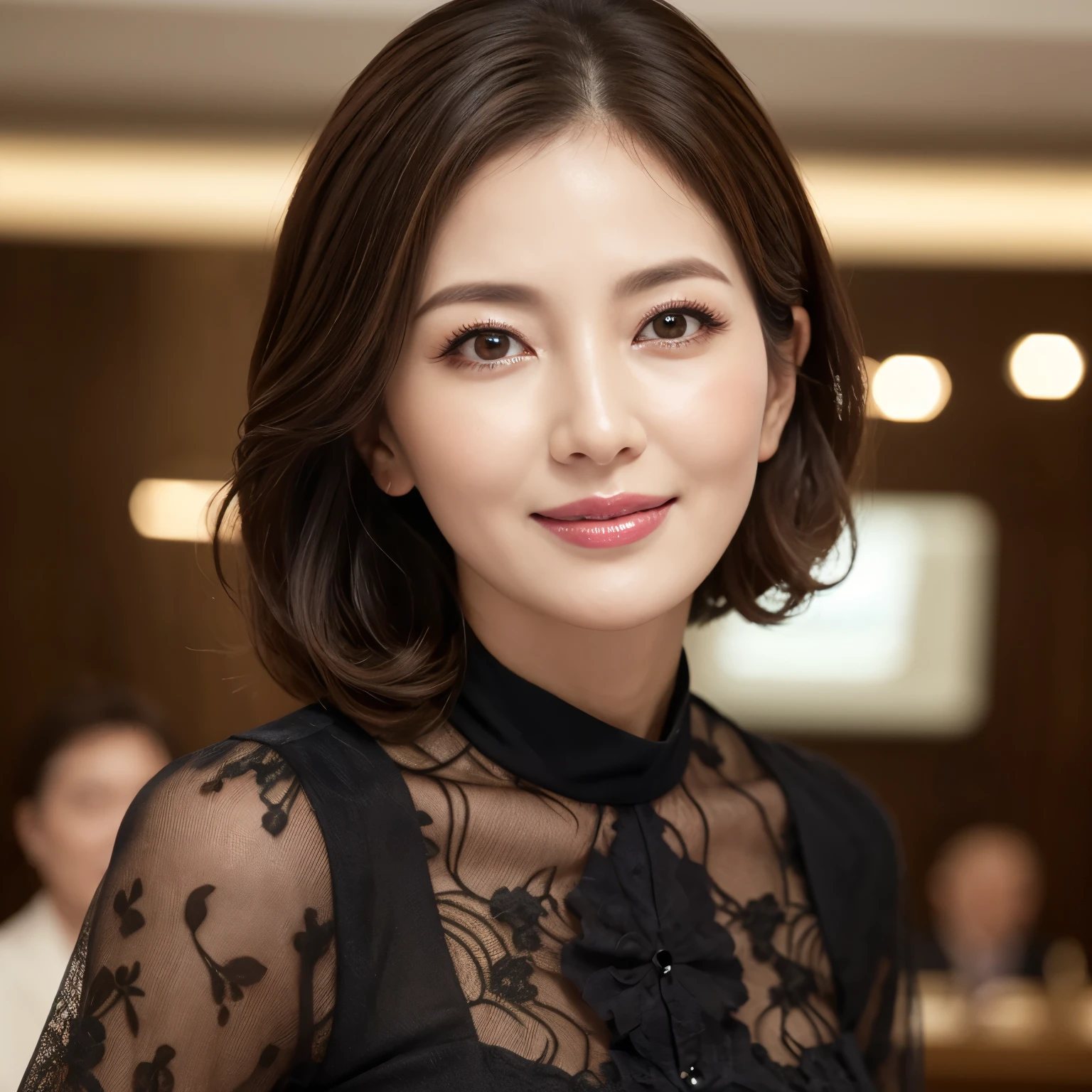 (highest quality、table top、8k、best image quality、Award-winning work)、1 Beautiful Mature Woman、(strongly blurred audience background:1.1)、(classy and beautiful perfect outfit:1.1)、plump and glossy lips、(avert your eyes:1.1)、professional lighting、illuminate the face、(loose curl short hair:1.1)、(wrinkled face:1.05)、(wrinkles around the eyes:1.05)、(nasolabial folds:1.05)、(small wrinkles:1.05)、(close up of face:1.1)、classy and perfect makeup、Ultra high definition beauty face、ultra high definition hair、Super high-definition sparkling eyes、(Shining ultra-high definition beautiful skin:1.1)、Super high resolution glossy lips、(accurate anatomy:1.1)、ultra high definition hair、Super high resolution perfect beautiful teeth