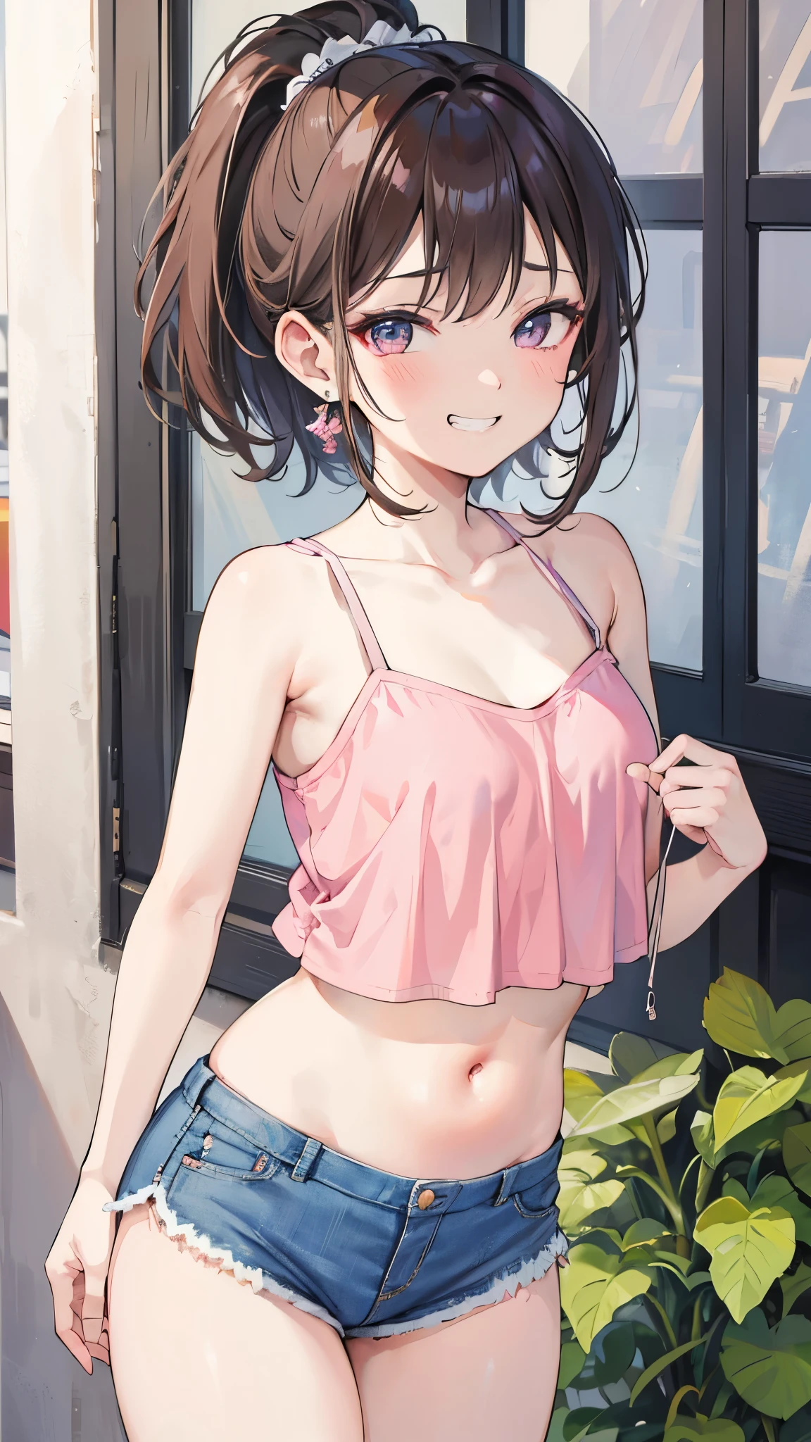 (8K、Highest image quality、highest quality、masterpiece)、detailed face、one 、brown hair、short hair、ponytail、brown eyes、evil smile、((grin))、earrings、((small breasts))、((pink camisole))、belly button、((denim short shorts))、cowboy shot、put your hands on your hips、Urban background