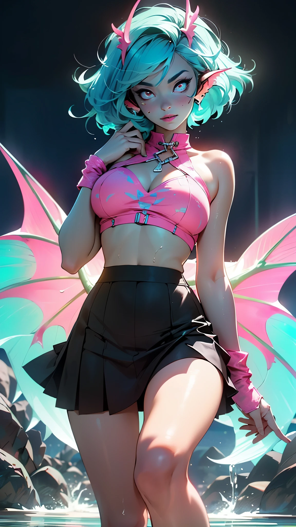 girl alien,(((1girl))),((beautiful girl alien)),
Alien Fish girl, ((blue skin:1.5)), (huge eyes:1.5), (((ear fins:1.5))), (((scaly skin:1.5))),((monster_girl)),(deep blue skin:1.5),
(turquoise hair:1.5), short hair, (((very short hair:1.5, twintails hairstyle))),
(glowing eyes, turquoise_eyes:1.0), (((black sclera:1.5))),symmetrical eyes,(large breasts:1.4),saggy breasts,((colored inner hair)),((fat)),(((shiny body,plastic glitter skin,exaggerated shiny skin,illuminated skin,wet legs))),(spider lower abdomen,narrow waist,wide hip,athletic body,inflated legs, thick thighs,detailed body,(detailed face)),
cute,slutty,seductive,erotic,((nsfw)),
zettai ryouiki,revealing clothing,show skin,((rave bikini,((neon pink color rave mini-skirt)),visible thong straps)),((underpants strap)),(wearing a rave dancing outfit:1.3,rave dancing clothes,semi-naked,with little clothing),(((pink clothes))),((wet clothes,intricate outfit,intricate clothes)),
(dynamic pose:1.0),solo focus,embarrassed,(centered,scale to fit dimensions,Rule of thirds),
cyberpunk city by the ocean at night, with bright neon signs and dark stormy clouds and puddles, scenery:1.25,nighttime, starry night, cosmos,Very dark night that makes the neon lights stand out, very bright neon lights,
artistic photography,(photography taken by sldr),highres, sharp focus,(ultra detailed, extremely detailed), (photorealistic artwork:1.37),(extremely detailed CG unity 8k wallpaper),((synthwave background theme)),(((vibrant colors))),intricate,(intricate background),(masterpiece),(best quality),perfect rendered face,perfect face details,realistic face,photo realistic,analog style,((intricate detail)),(((realism))),