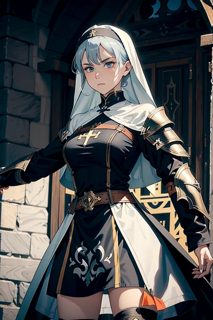 Imagine a fierce warrior nun in full battle attire. She is clad in a functional yet adorned armor that blends traditional nun's habit elements with protective gear, featuring a cross emblem on her chest.