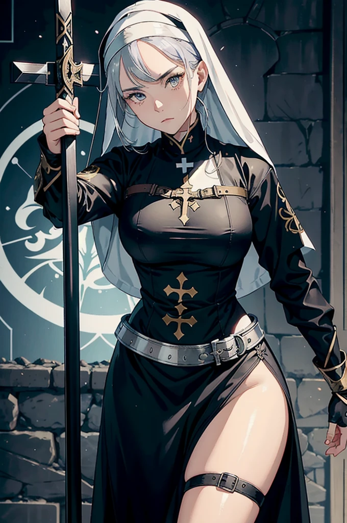 Imagine a fierce warrior nun in full battle attire. She is clad in a functional yet adorned armor that blends traditional nun's habit elements with protective gear, featuring a cross emblem on her chest.