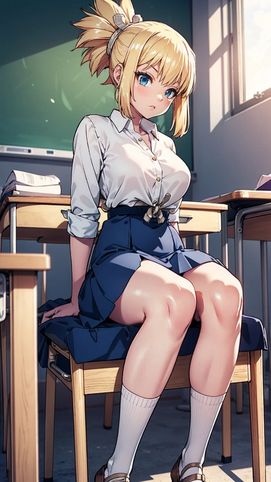 pleated skirt, dress shirt, white shirt, yellow cardigan, low heels, long socks, white socks, school, classroom, kohaku, blonde hair, blue eyes, sitting, legs crossed, kawai, cute, portraits, vivid colors, soft lighting, JC girl, killing giant robots