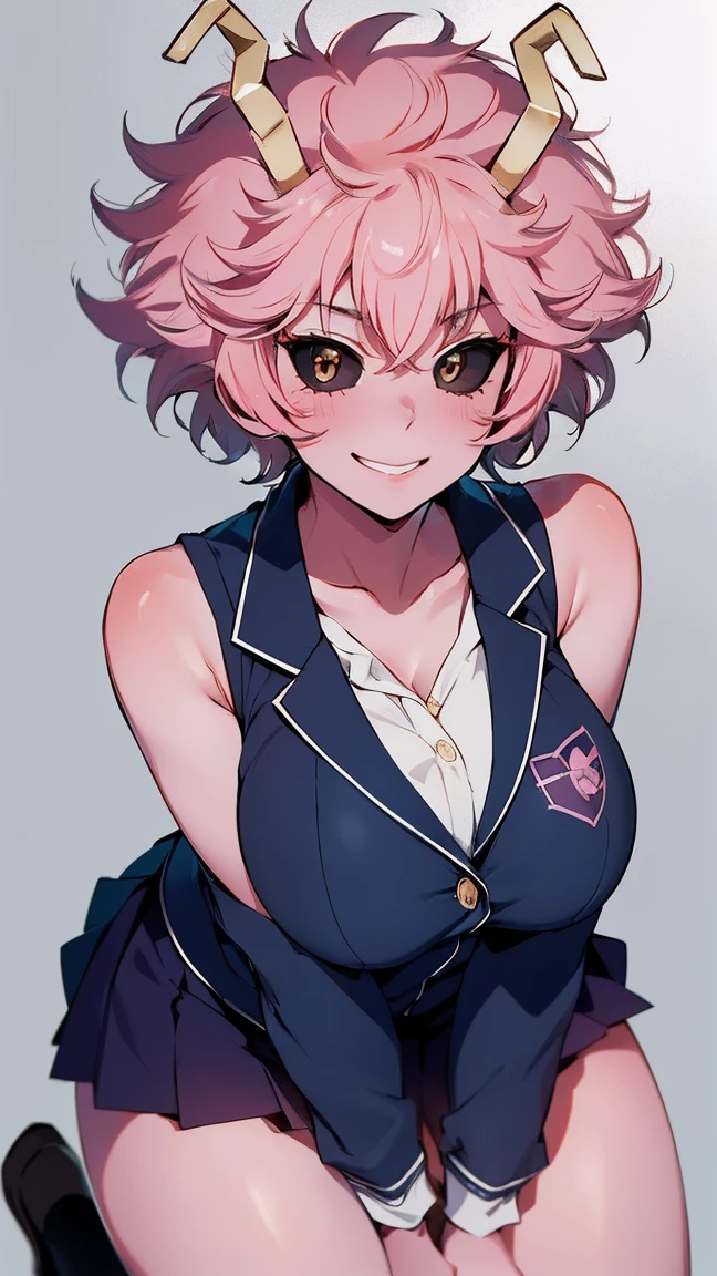 (best quality:1.3), (4k quality), 1 mature woman, Mina Ashido by boku no hero, school uniform, ((Detailed face)), (blush), whole body, large smile