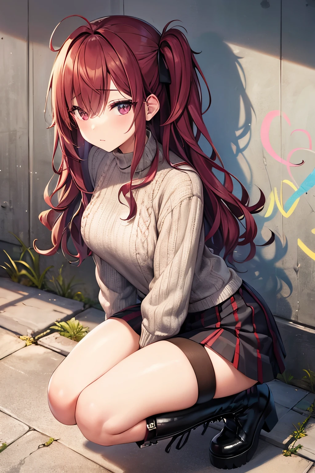 best quality, 32k, RAW photo, incredibly absurdres, extremely detailed, delicate texture, cute woman, squatting down, two side up messy wavy hair, hair over one eye, wearing punk fashion, fluffy long-pile knit sweater, red checked miniskirt, amorous and lewd expression, superlative body proportion, black pantyhose, black engineer boots, background abandoned building, wire mesh, fence, graffiti, iridescent pastel color