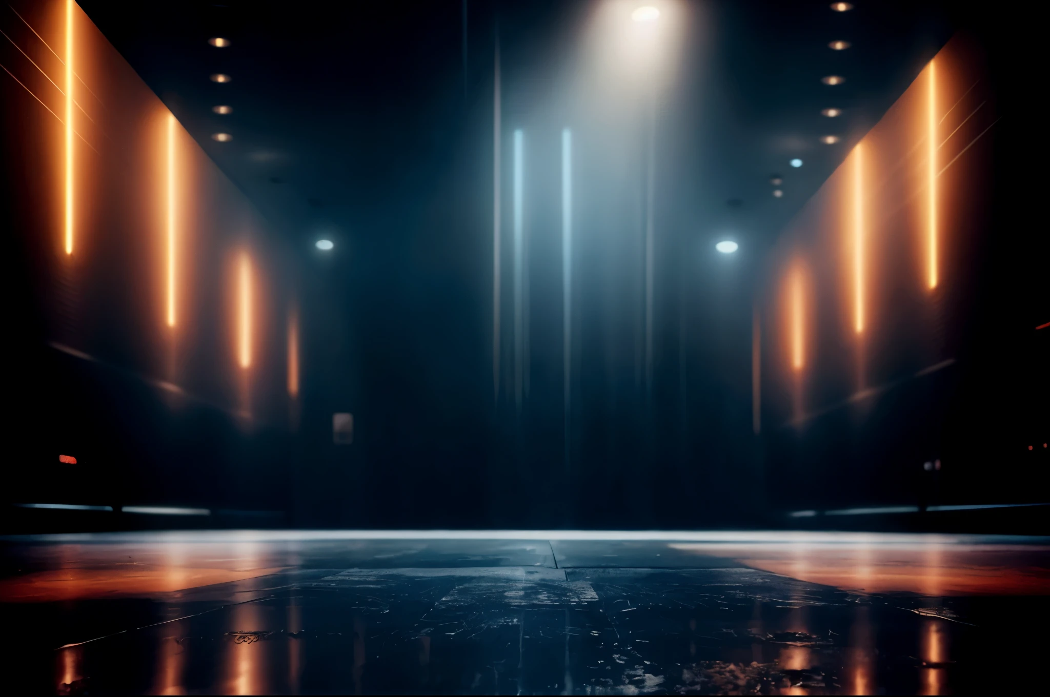 The scene takes place in a dark room as if in a digital dimension, with lights surrounding the room, creating a wet, reflective surface on the floor. The room has a digital appearance and appears to have an orange light source, casting a warm glow over the space, and beams of blue lights in the background as if rising from the ceiling.