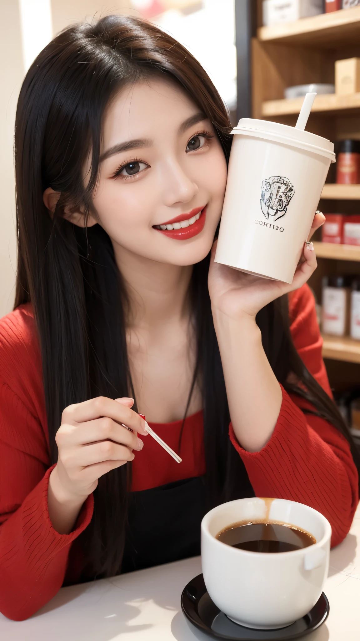beautiful girl, korean makeup, korean girl, red lips, smiling, girl having coffee in the store.