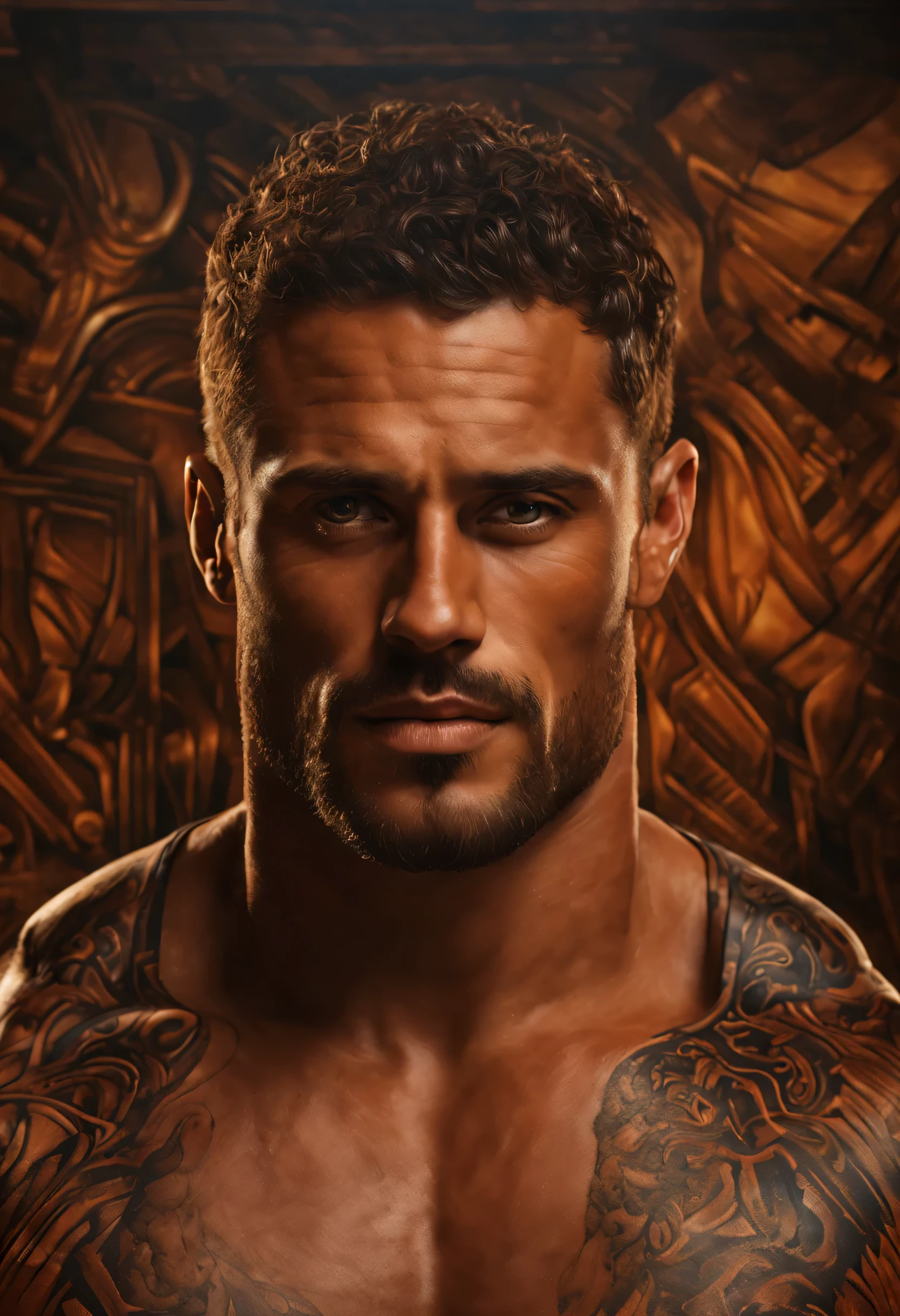 un musculoso, A handsome man with detailed facial features and an excellent physique stands in the foreground of the ultra-detailed artwork... Sus ojos expresivos y labios definidos crean una presencia seductora.. The man is surrounded by a detailed background that complements his strong presence... The artwork is of the highest quality.., With 4K resolution, 8K, or even higher, Garantizar que se capture cada detalle. La imagen es ultra detallada y muestra un estilo realista o fotorrealista., haciendo que parezca realista. Lighting is designed by experts., creating a feeling of depth and realism. The colors used in the artwork are vivid and vibrant.., mejorando el impacto visual general. With its attention to detail and masterful execution.., Esta obra de arte es realmente una obra maestra.