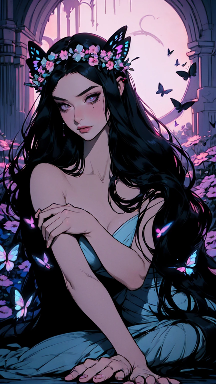 hyper-realistic of a mysterious woman with flowing black hair, piercing opal eyes, and a delicate floral crown, delicate smile, whole body, sitting on the ground, white flowers arround, butterflies