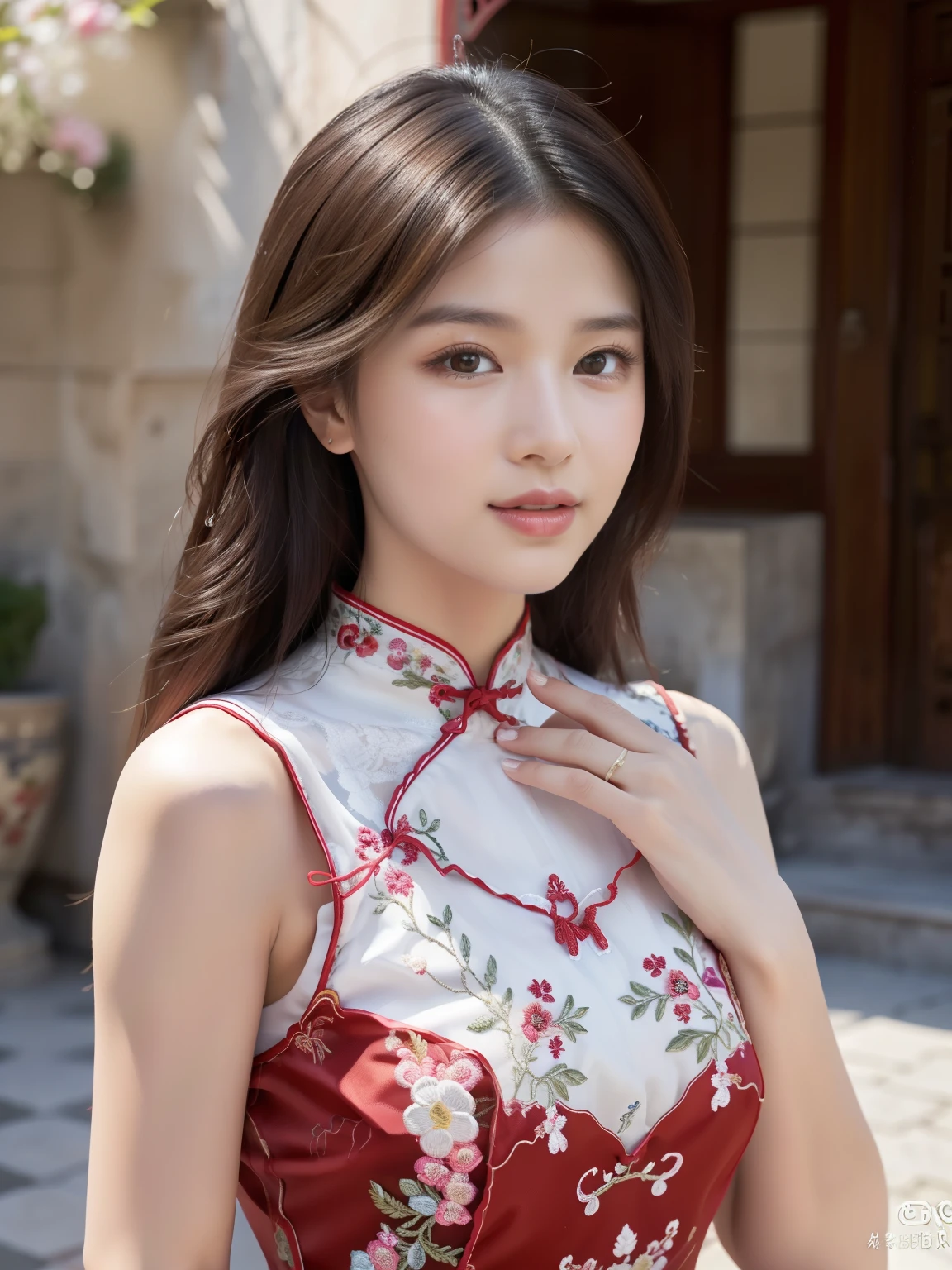 ulzzang-6500-v1.1, (Raw foto:1.2), (Photorealsitic:1.4), Delicate beautiful girl，The sparkling eyes have a very nice atmosphere..，18yo, Attractive eyes and moist lips，cabelos preto e longos，（ssmile：1.3），Detailed depiction of the face，Formula details，Detailed depiction of facial features Star Masterpiece Fine Detail，Describe your role in detail，Detailed depiction of hair，Carefully drawn ，My body is bumpy，Detailed depiction of the hand，Clothes drawn in detail，Detailed depiction of the face，face perfect，Detailed depiction of hands drawn in the military，4fingers and 1thumb：1.3），orthofacial，choker necklace，lipsticks，eardrop，Photo of three-quarters，Works of masters，Infinitely close to reality，（Upper body photo：1.3），Highest image quality，best qualtiy，infinite details，8k resolution，(((Beautiful patterned embroidered cheongsam 1.3)))，(((red cheongsam)))，（Ancient courtyard scene：1.3）,((whole body)), the body that turns around,