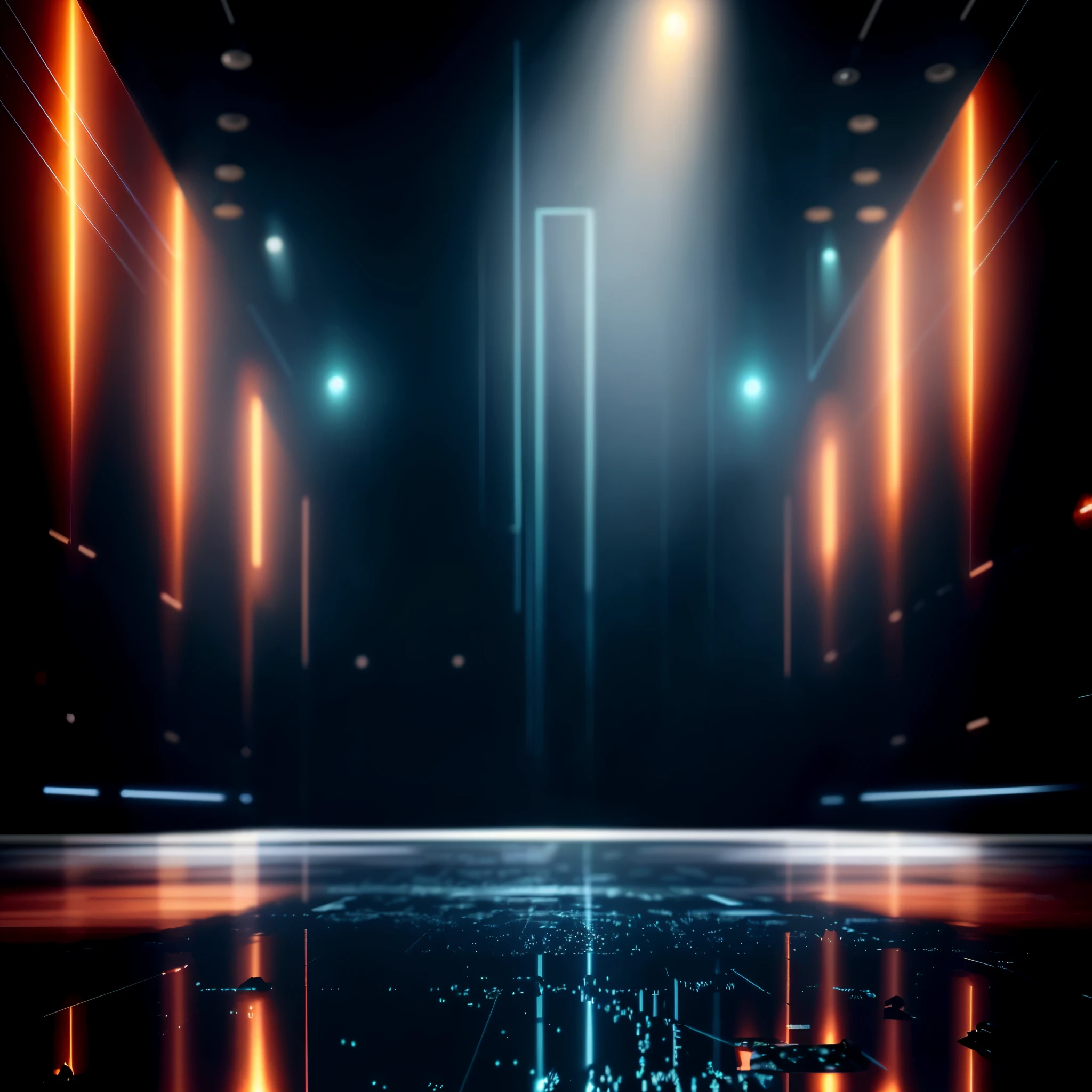 The scene takes place in a dark room as if in a digital dimension, with lights surrounding the room, creating a wet, reflective surface on the floor. The room has a digital appearance and appears to have an orange light source, casting a warm glow over the space, and beams of blue lights in the background as if rising from the ceiling.
