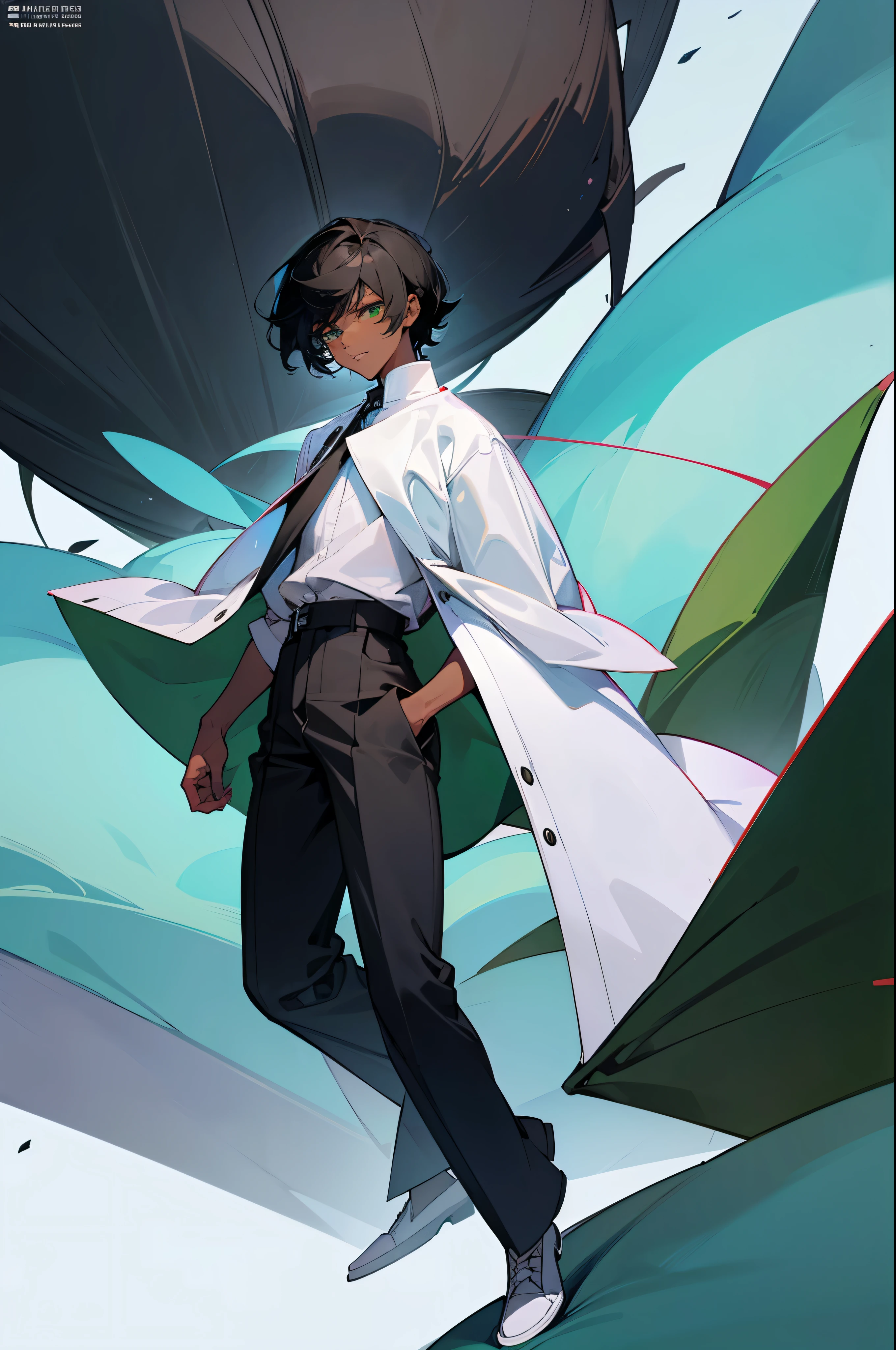 1male, young, dark skin, modern clothes, black hair, medium hair, green eyes, full body, finely detailed
