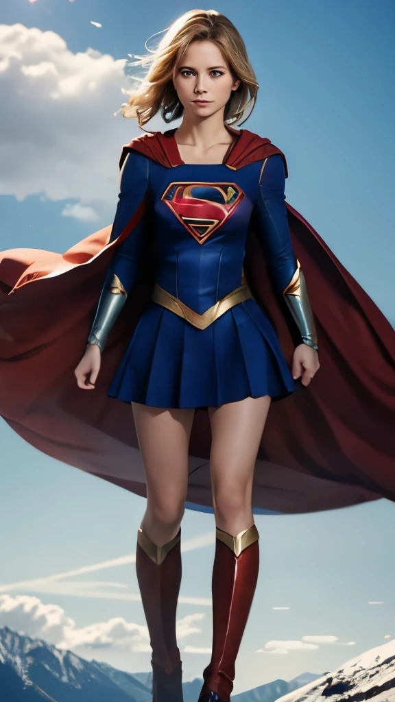 Supergirl flying way distant in the sky, vesy small very distant supergirl