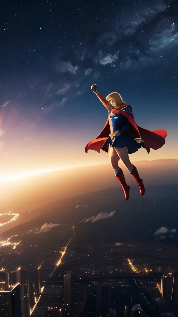 Supergirl flying way distant in the sky, vesy small very distant supergirl