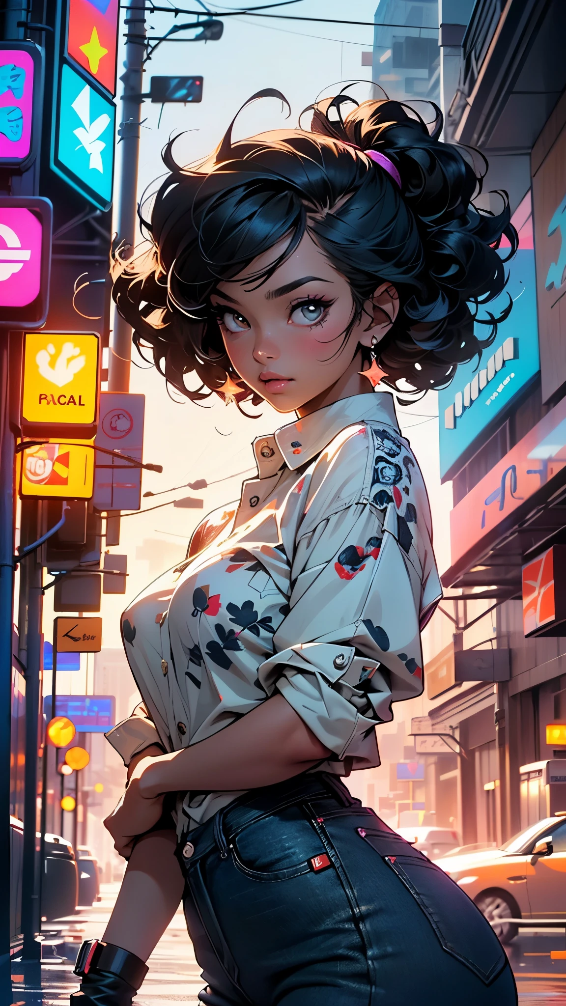 girl spacepunk,(((1girl))),((extremely cute and beautiful black curly-haired anime girl walking down the street)),

(short breasts:1.4),(((black curly hair:1.35,very curly hair,colored inner hair,ear breathing))),((brown eyes:1.3,upturned eyes:1.3,perfect eyes,bright pupils,rainbow glows ultra-detailed deep gold brown eyes:1.1,gradient eyes:1,finely detailed beautiful eyes:1,symmetrical eyes:1,big highlight on eyes:1.2)),((fat)),(((lustrous skin:1.5,bright skin: 1.5,skin tanned,shiny skin,very shiny skin,shiny body,plastic glitter skin,exaggerated shiny skin))),delicate detailed fingers,detailed body,detailed arms,human hands,detailed hands,),

cute,

(gray shirt with an orange squid print,blue denim pants),(intricate outfit,intricate clothes),

(dynamic pose:1.0),solo focus,embarrassed,centered,scale to fit dimensions,Rule of thirds,

cyberpunk city by the ocean at night, with bright neon signs and dark stormy clouds and puddles, scenery:1.25,nighttime, starry night, cosmos,Very dark night that makes the neon lights stand out, very bright neon lights,

artistic photography,(photography taken by sldr),highres, sharp focus,(ultra detailed, extremely detailed), (photorealistic artwork:1.37),(extremely detailed CG unity 8k wallpaper),((synthwave background theme)),(((vibrant colors))),intricate,(intricate background),(masterpiece),(best quality),perfect rendered face,perfect face details,realistic face,photo realistic,analog style,((intricate detail)),(((realism))),
