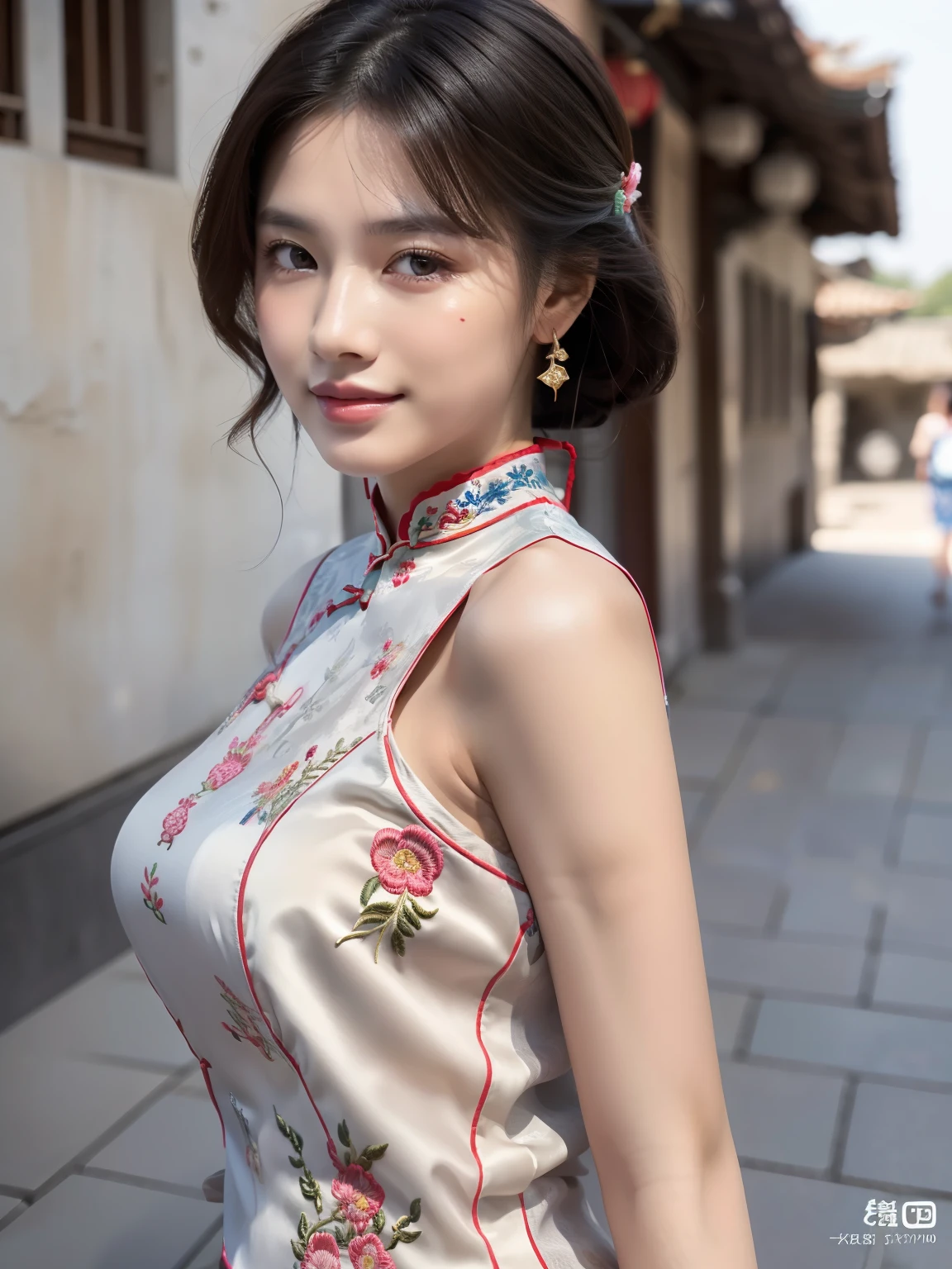 ulzzang-6500-v1.1, (Raw foto:1.2), (Photorealsitic:1.4), Delicate beautiful girl，The sparkling eyes have a very nice atmosphere..，18yo, Attractive eyes and moist lips，cabelos preto e longos，（ssmile：1.3），Detailed depiction of the face，Formula details，Detailed depiction of facial features Star Masterpiece Fine Detail，Describe your role in detail，Detailed depiction of hair，Carefully drawn ，My body is bumpy，Detailed depiction of the hand，Clothes drawn in detail，Detailed depiction of the face，face perfect，Detailed depiction of hands drawn in the military，4fingers and 1thumb：1.3），orthofacial，choker necklace，lipsticks，eardrop，Photo of three-quarters，Works of masters，Infinitely close to reality，（Upper body photo：1.3），Highest image quality，best qualtiy，infinite details，8k resolution，(((Beautiful patterned embroidered cheongsam 1.3)))，(((colorful cheongsam)))，（Ancient courtyard scene：1.3）,((whole body)), (((body that turns around))),