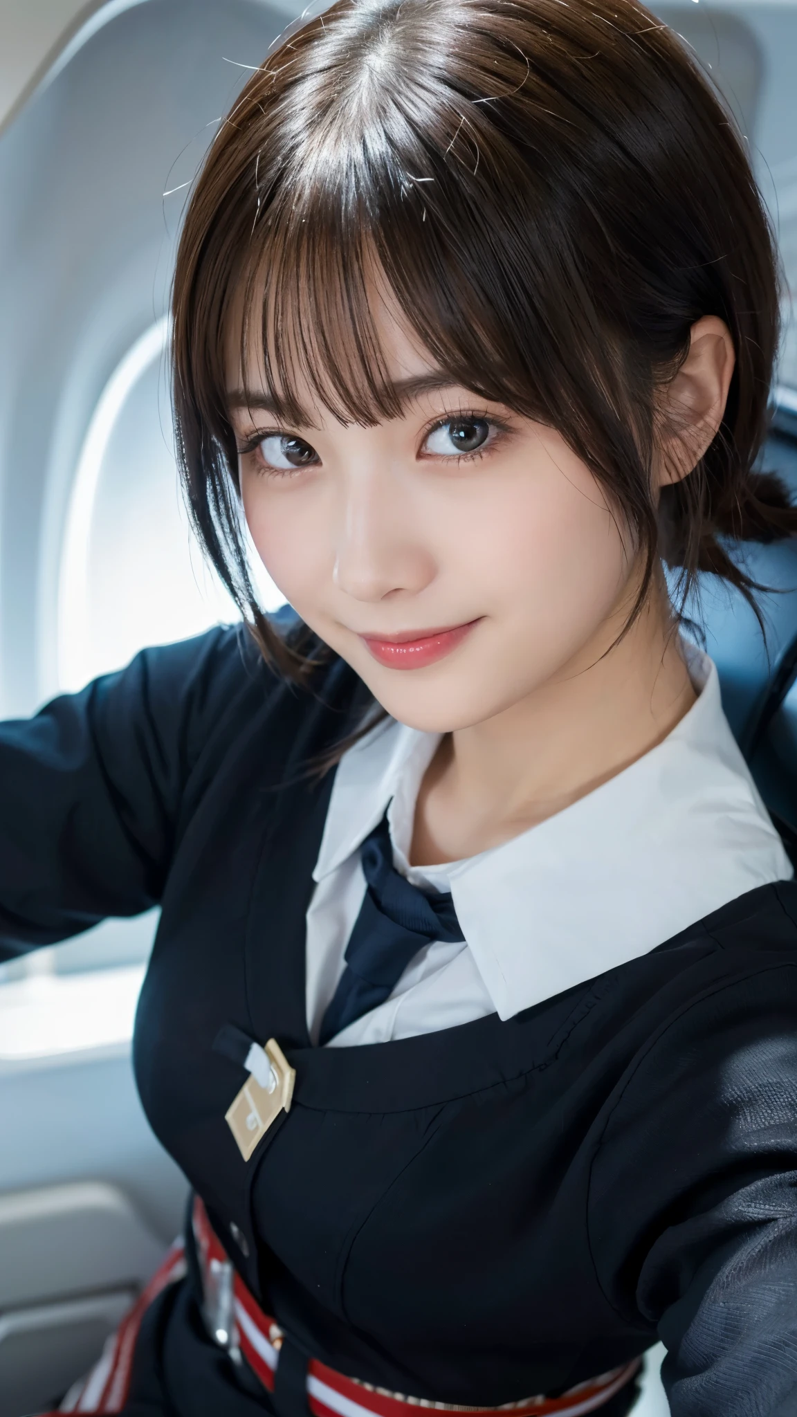 (highest quality,masterpiece:1.3,ultra high resolution),(Super detailed,caustics,8k),(photorealistic:1.4,RAW shooting),25 years old,Japanese,cute,stewardess uniform,black short hair,tights,(smile and look down at the camera),(big ),(Are standing),inside the plane,(Low - Angle:1.2),(face focus),(face close up:1.1),Natural light