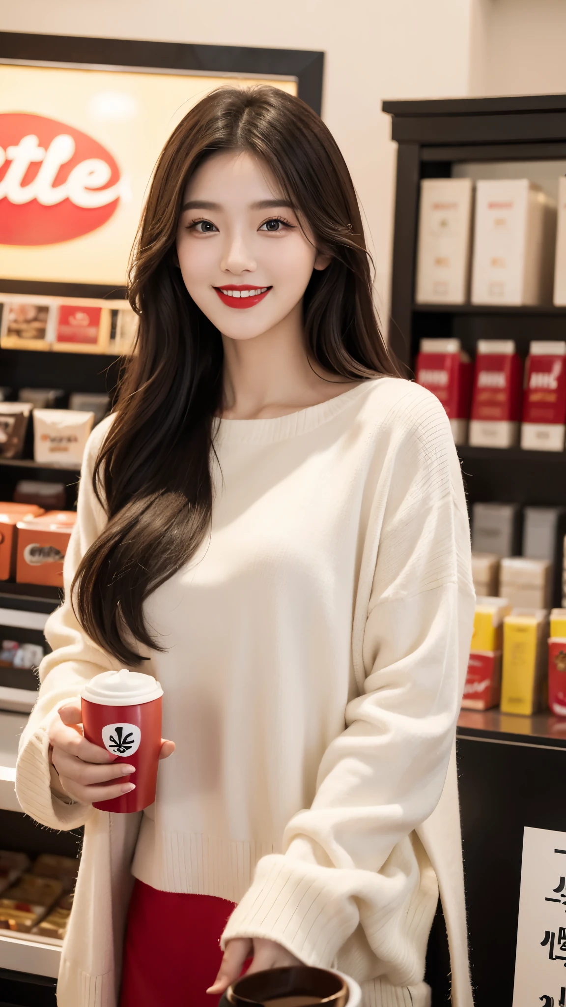 beautiful girl, korean makeup, korean girl, red lips, smiling, girl having coffee in the store.