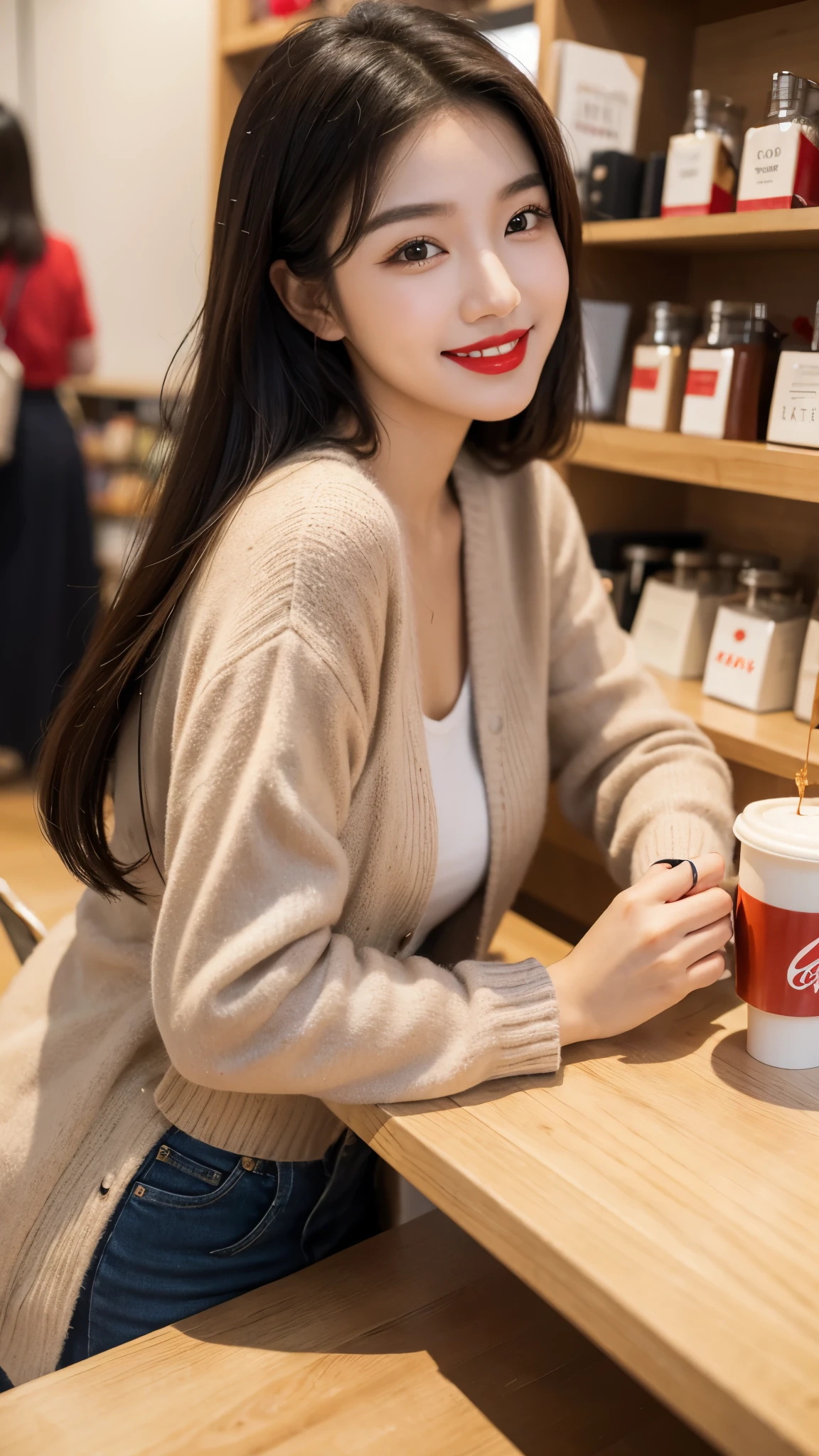 beautiful girl, korean makeup, korean girl, red lips, smiling, girl having coffee in the store.