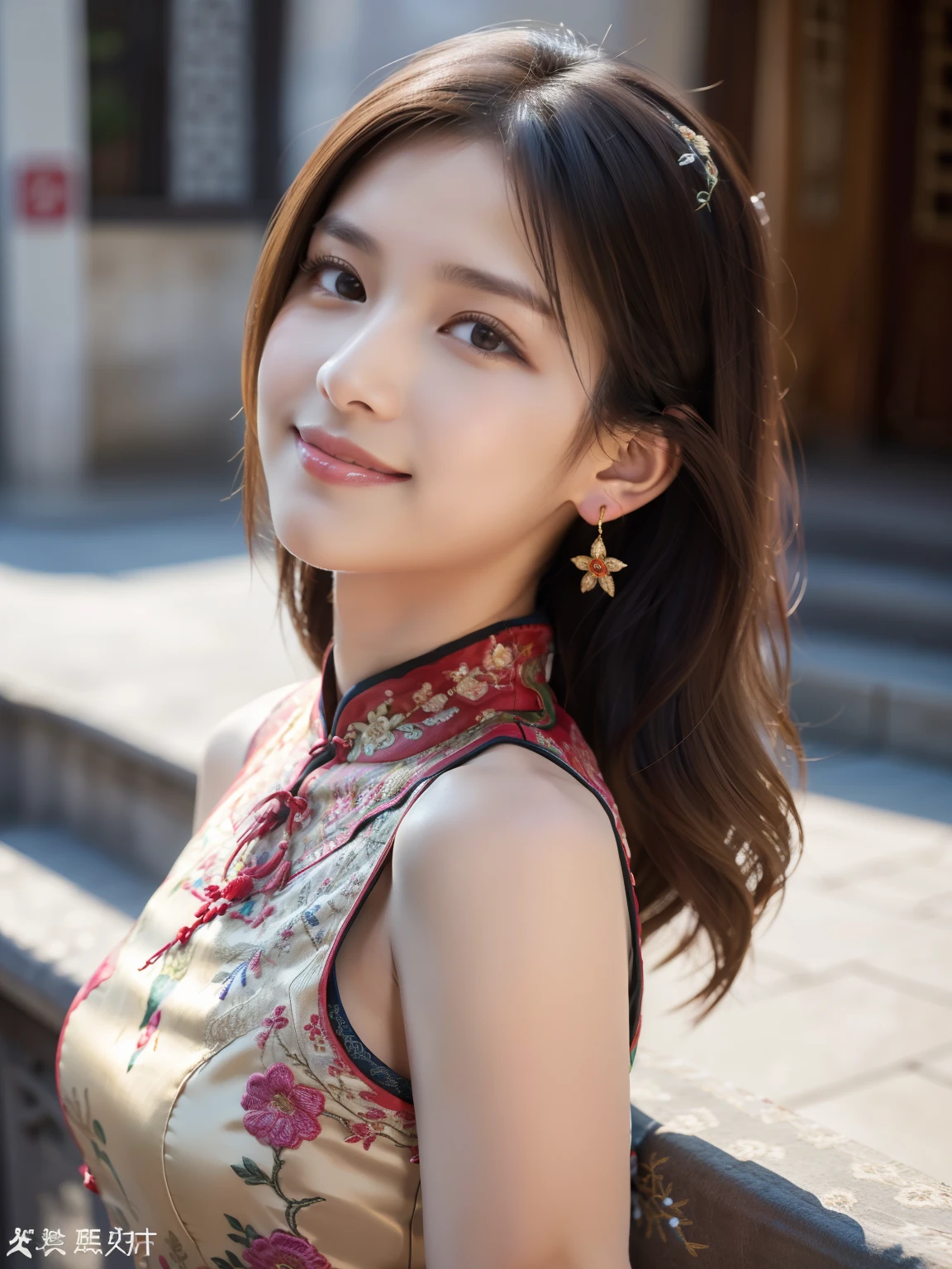 ulzzang-6500-v1.1, (Raw foto:1.2), (Photorealsitic:1.4), Delicate beautiful girl,The sparkling eyes have a very nice atmosphere..,18yo, Attractive eyes and moist lips,cabelos preto e longos,(ssmile:1.3),Detailed depiction of the face,Formula details,Detailed depiction of facial features Star Masterpiece Fine Detail,Describe your role in detail,Detailed depiction of hair,Carefully drawn ,My body is bumpy,Detailed depiction of the hand,Clothes drawn in detail,Detailed depiction of the face,face perfect,Detailed depiction of hands drawn in the military,4fingers and 1thumb:1.3),orthofacial,choker necklace,lipsticks,eardrop,Photo of three-quarters,Works of masters,Infinitely close to reality,(Upper body photo:1.3),Highest image quality,best qualtiy,infinite details,8k resolution,(((Beautiful patterned embroidered cheongsam 1.3))),(((colorful cheongsam))),(Ancient courtyard scene:1.3),((whole body)), (((body that turns around))),