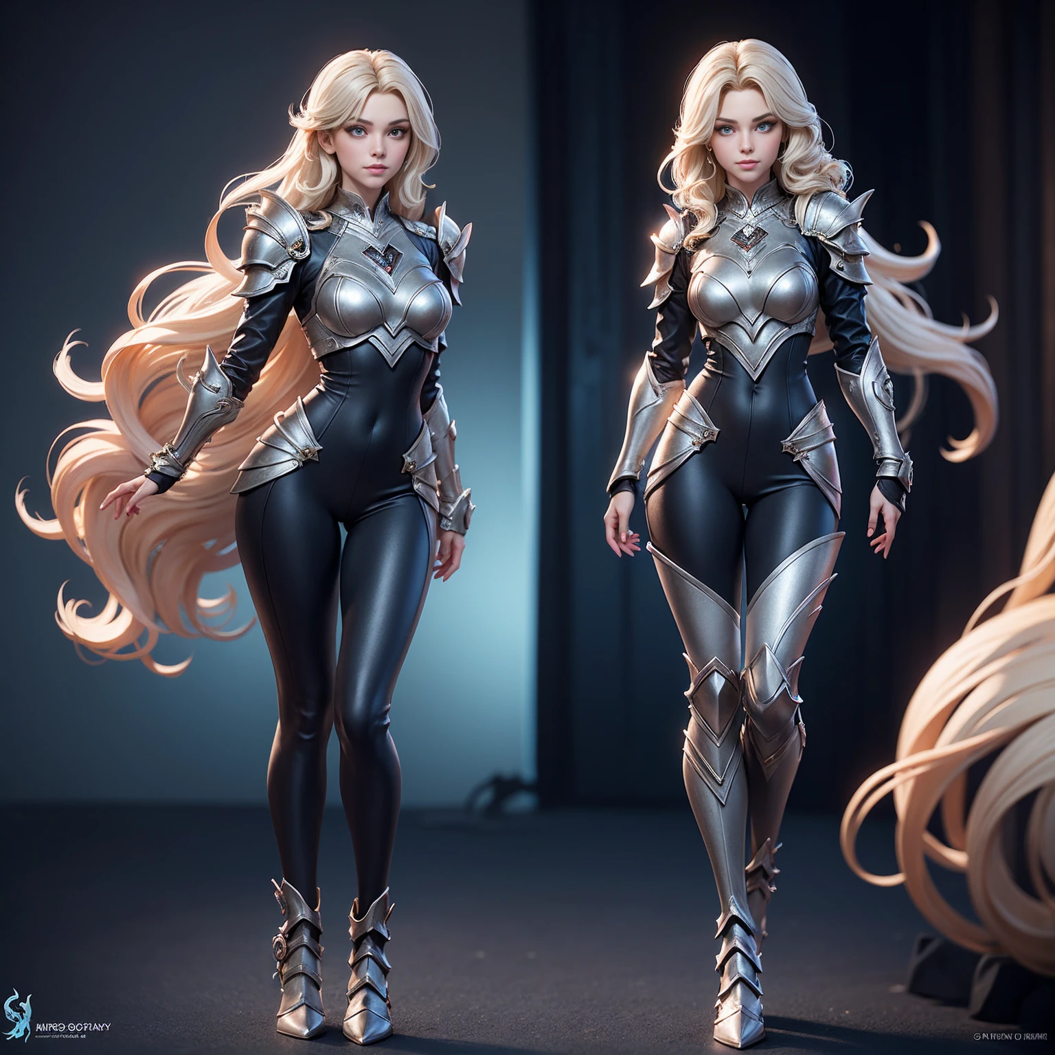 (((full body photo))) Blonde-haired woman with bright blue eyes, she has an athletic and graceful appearance, with an average height and a slender figure, her blonde hair falls in soft waves, reaching her shoulders.she wears a set of lightweight and elegant armor, consisting of fitted leggings and a tunic that provides mobility without compromising protection.
Her armor has a predominantly blue color scheme, with silver and white details, reflecting her identity as a just heroine, masterpiece, best quality, high quality, extremely detailed CG unity 8k wallpaper, oil painting, award winning photography, bokeh, depth of field , HDR, bloom, chromatic aberration, photorealism, very detailed, trending on artstation, trending on CGsociety, intricate, high detail, dramatic