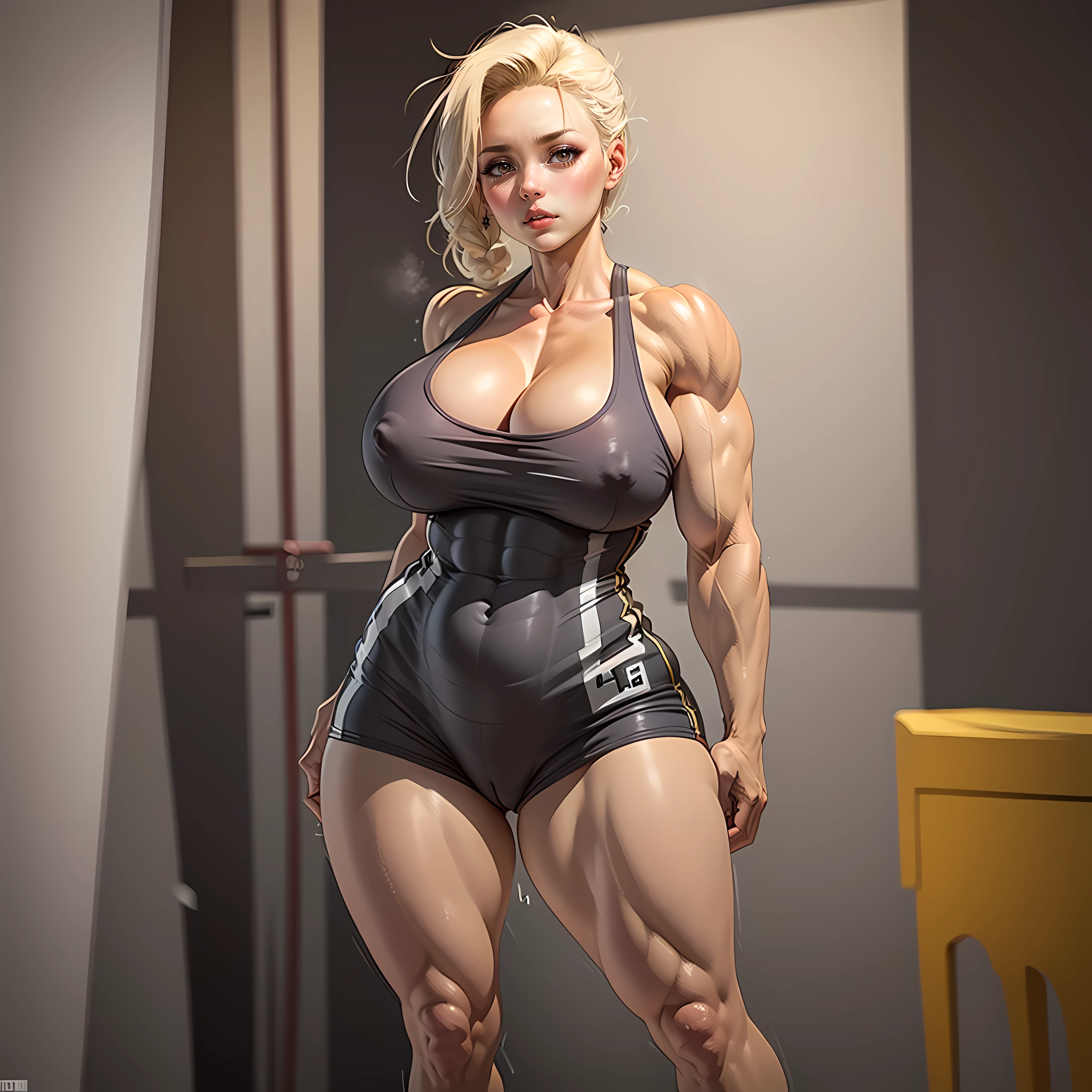 Solo, Alone, 1 girl, Massive Female Bodybuilder, Muscular Quadriceps, Jaime Pressly wearing grey see-through tanktop and hotpants. Standing, full body. Huge Breasts.
 very Muscular with big bulging nipples. Legs spreaded and covered by slime.Swollen cameltoe. Hairestyle undercut.  
Big cleavage.