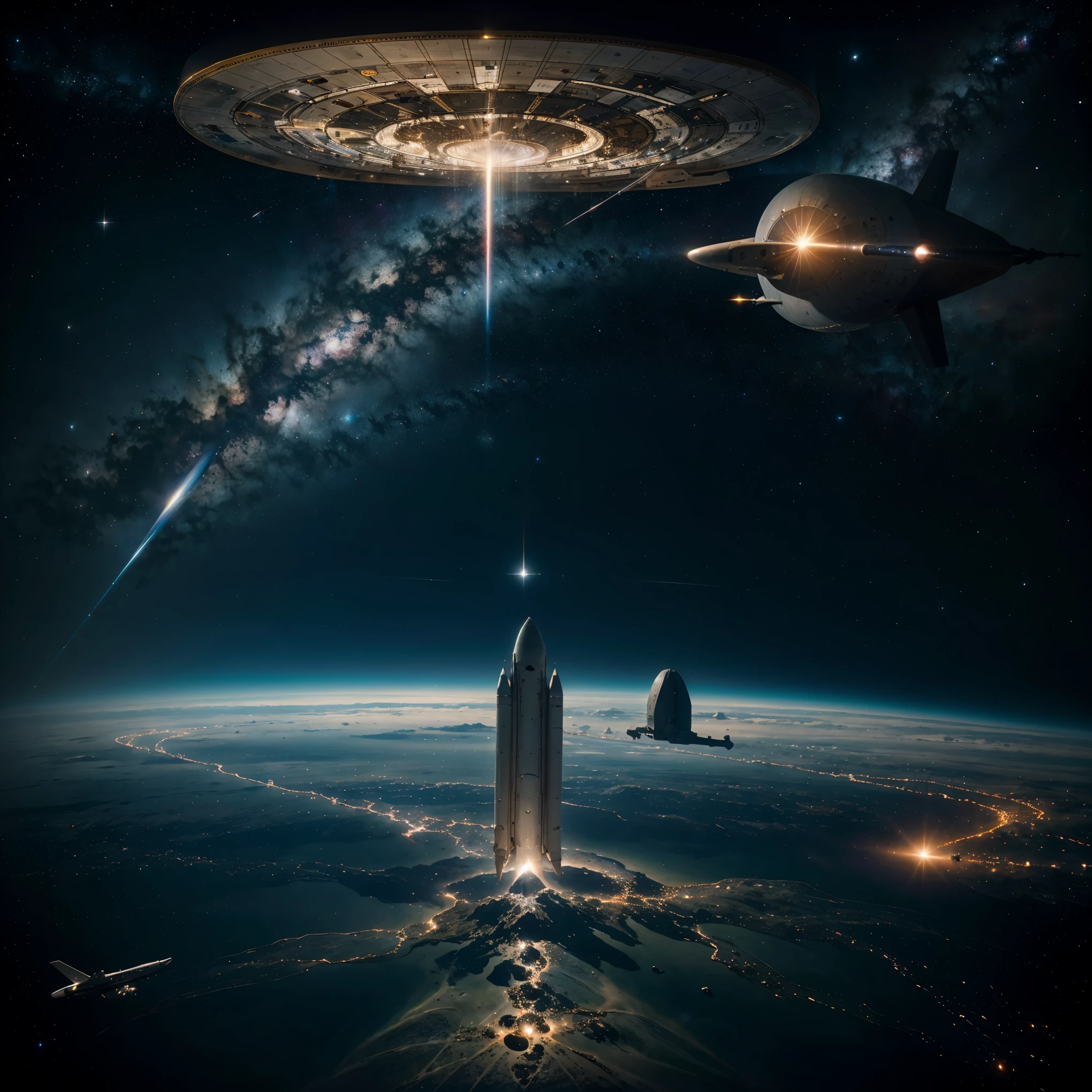 A vast cosmic field stretches endlessly, adorned with a surreal array of space shuttles, ancient tomes, majestic ships, and sleek planes suspended weightlessly in the void. Each element floats effortlessly, symbolizing humanity's quest for knowledge and exploration across the cosmos.