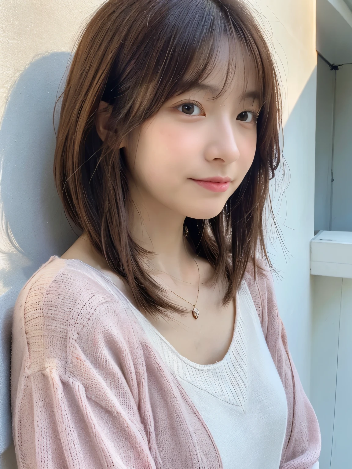 (Highly realistic photos, High resolution, detailed face, fine eyes), ((Taken in front of a white wall))、japanese woman, 40 years old, various expressions, alone:1, slim figure, different hairstyles, casual clothes, Only one person appears in the photo、long sleeve dress、Photographed in natural light、simple necklace、spring clothes、don&#39;t look at the camera、profile、pink brown hair color、bob hair