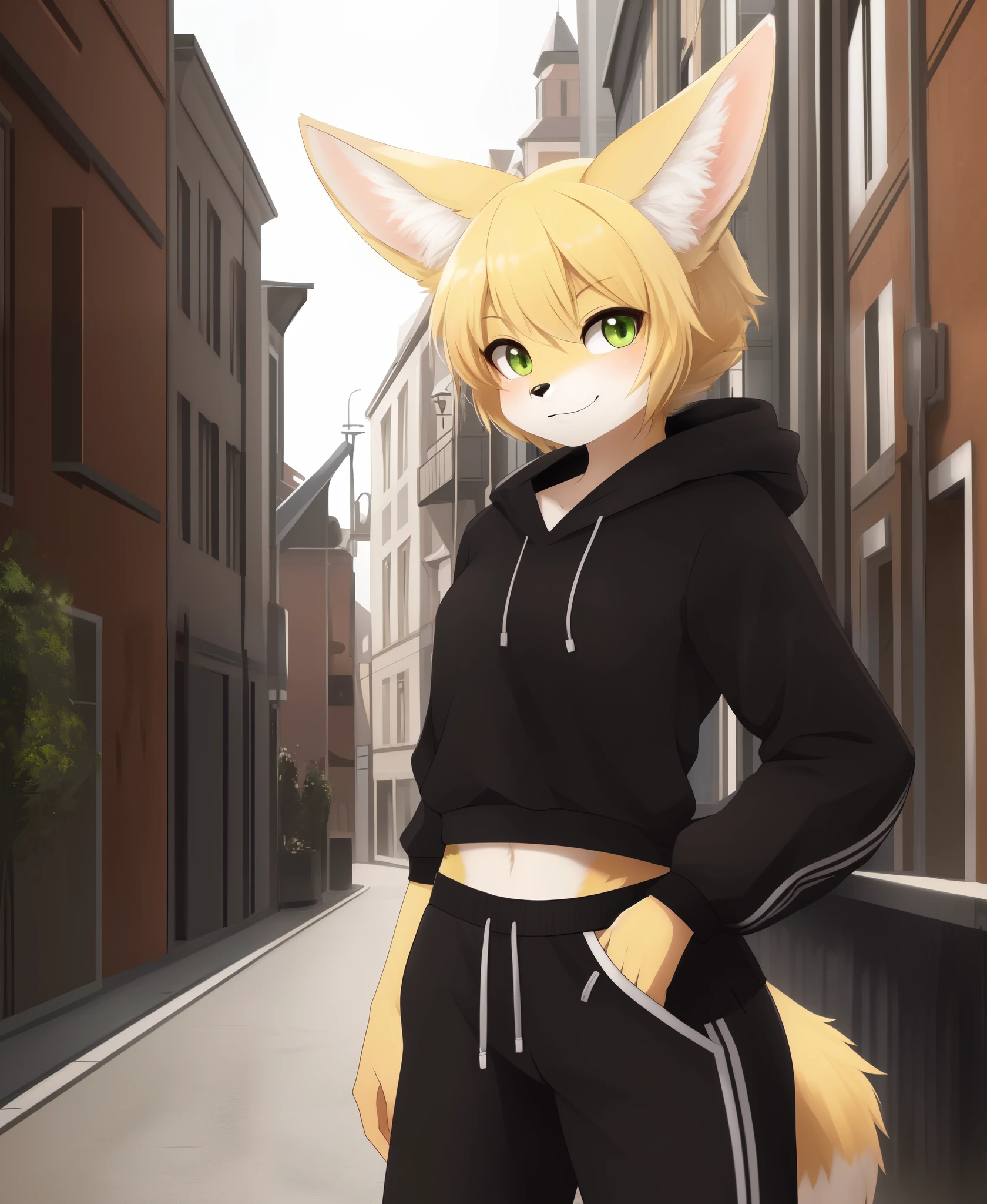 (HD, 4k, high resolution, best quality:1.4, high quality, detailed),((detailed background)),(street,looking at viewer)
,(furry,kemono,fennec fox),(solo),(yellow body fur:1.3),(short hair,bangs),standing,green eyes,detailed face,seductive smirk
,(wide hip,from front)
,black hoodie,black sweatpants