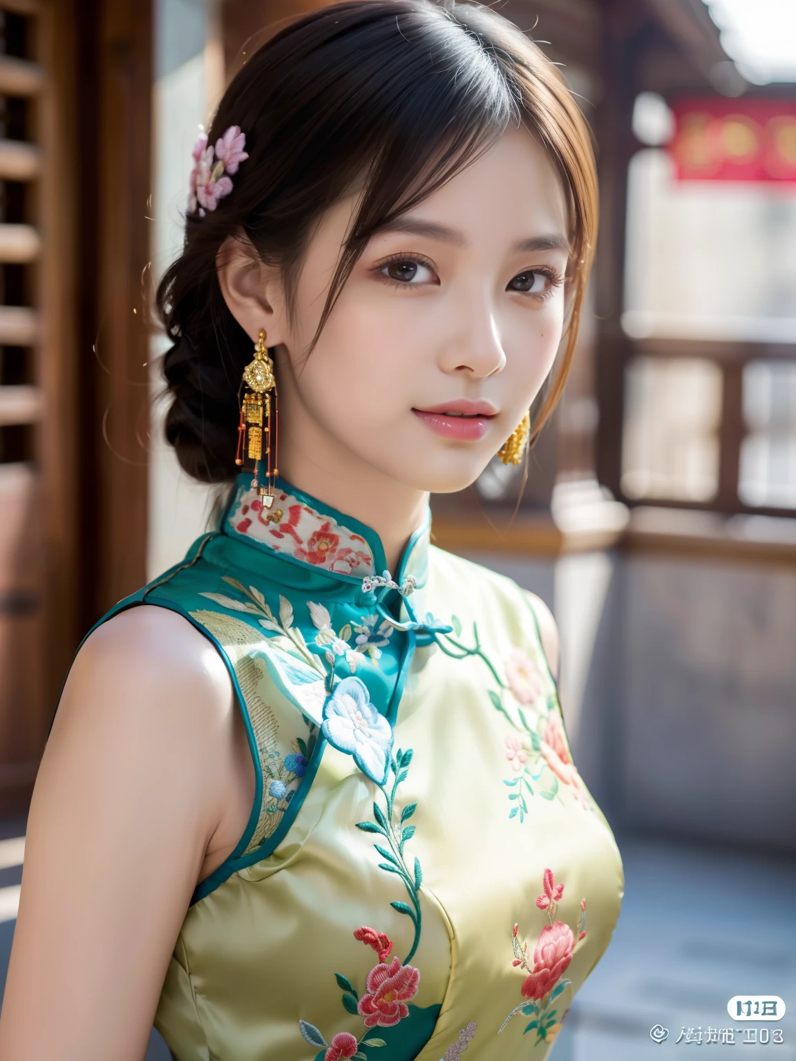 ulzzang-6500-v1.1, (Raw foto:1.2), (Photorealsitic:1.4), Delicate beautiful girl，The sparkling eyes have a very nice atmosphere..，18yo, Attractive eyes and moist lips，cabelos preto e longos，（ssmile：1.3），Detailed depiction of the face，Formula details，Detailed depiction of facial features Star Masterpiece Fine Detail，Describe your role in detail，Detailed depiction of hair，Carefully drawn ，My body is bumpy，Detailed depiction of the hand，Clothes drawn in detail，Detailed depiction of the face，face perfect，Detailed depiction of hands drawn in the military，4fingers and 1thumb：1.3），orthofacial，choker necklace，lipsticks，eardrop，Photo of three-quarters，Works of masters，Infinitely close to reality，（Upper body photo：1.3），Highest image quality，best qualtiy，infinite details，8k resolution，(((Beautiful patterned embroidered cheongsam 1.3)))，(((Colorful cheongsam)))，（Ancient courtyard scene：1.3）,((whole body shot)),