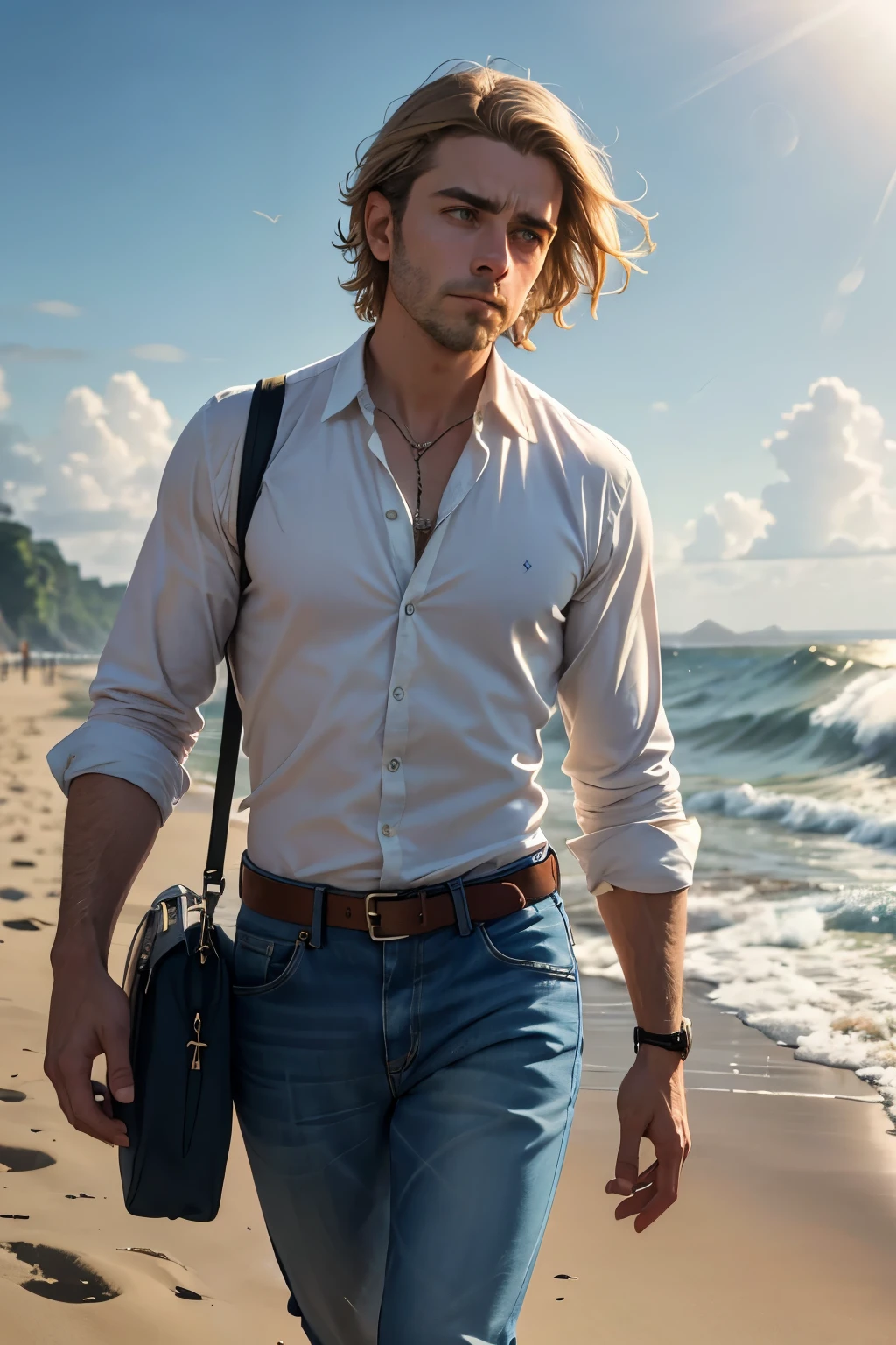 Jeans-clad existentialist philosopher Jean-Paul Sartre strolls contemplatively on the pristine, golden-hued beach. Sunlight filters through the dense canopy of clouds above, casting dappled patterns upon the sand. The ocean waves whisper a melody, their frothy crests kissed by the sun. Sartre's deep-set eyes, reflecting the wisdom of countless thoughts, gaze out at the water's edge, lost in profound introspection.
His tousled hair, mussed by the sea breeze, frames his sharply defined facial features. A subtle, cinematic glow emanates from him, belying the complexity of his ideas.