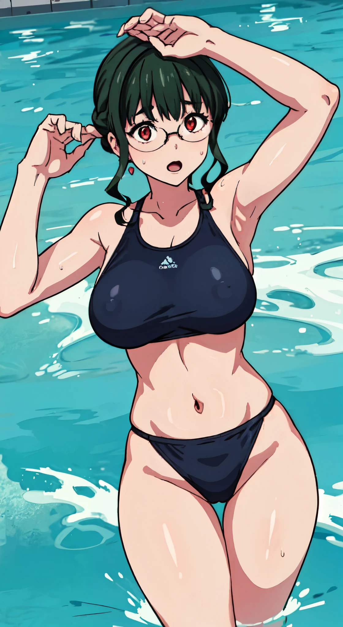 (perfect body),highest quality,(8K portrait),(anime screen cap)、(nsfw)、Sweat,((big breasts))、(black hair),(shortcut)、red eyes,(thick thighs),big ass、swollen nipples、(Navy Blue Competitive Swimsuit)、:o、adult woman、(((embarrassing)))、((Poolside))、(obesity)、((hands behind head))、((both armpits))、glasses、thick waist、Poolsideに座る