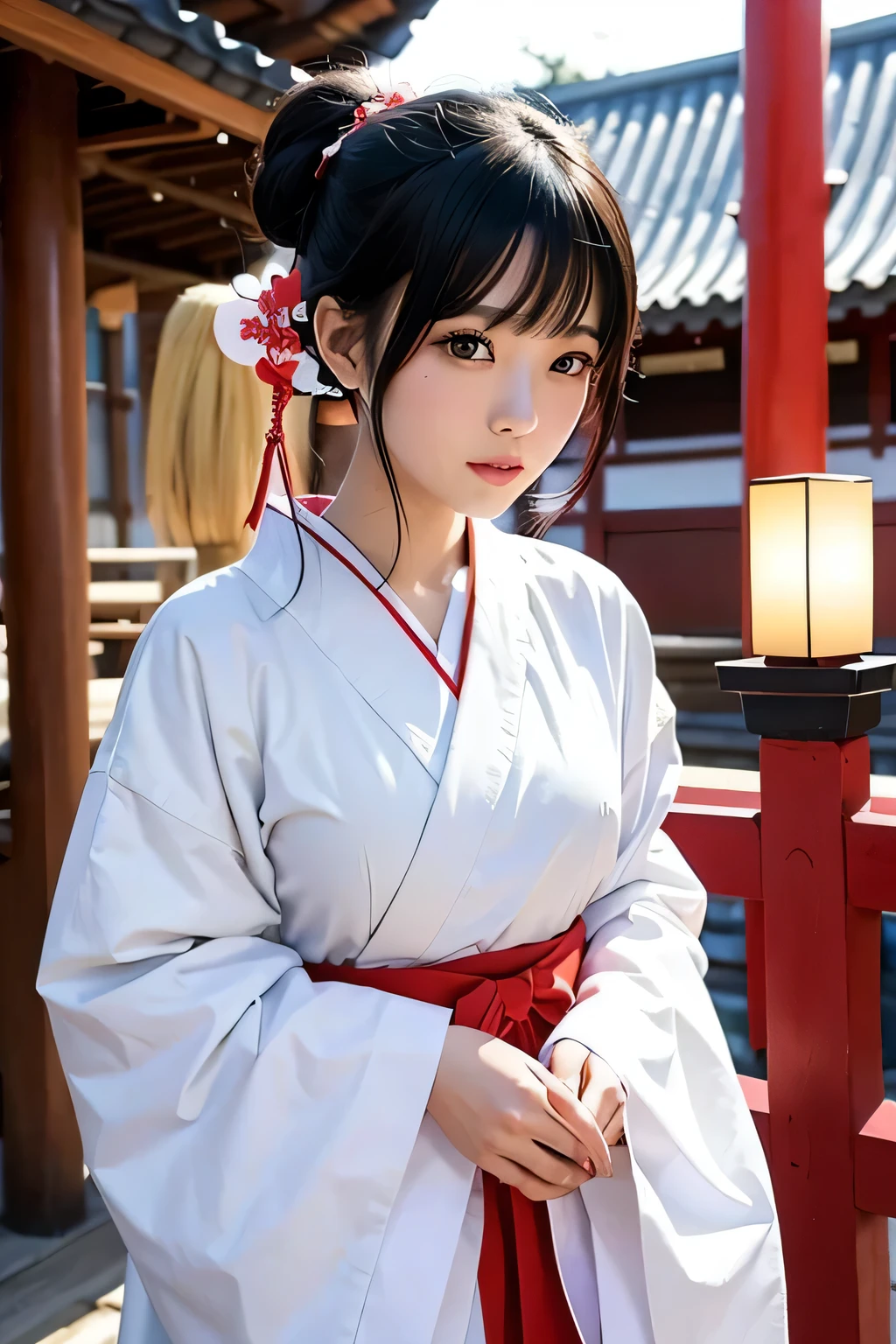 shrine maiden costume、beautiful shrine maiden、hairstyle with black hair tied in the middle、whole body、photo taken from below、shrine