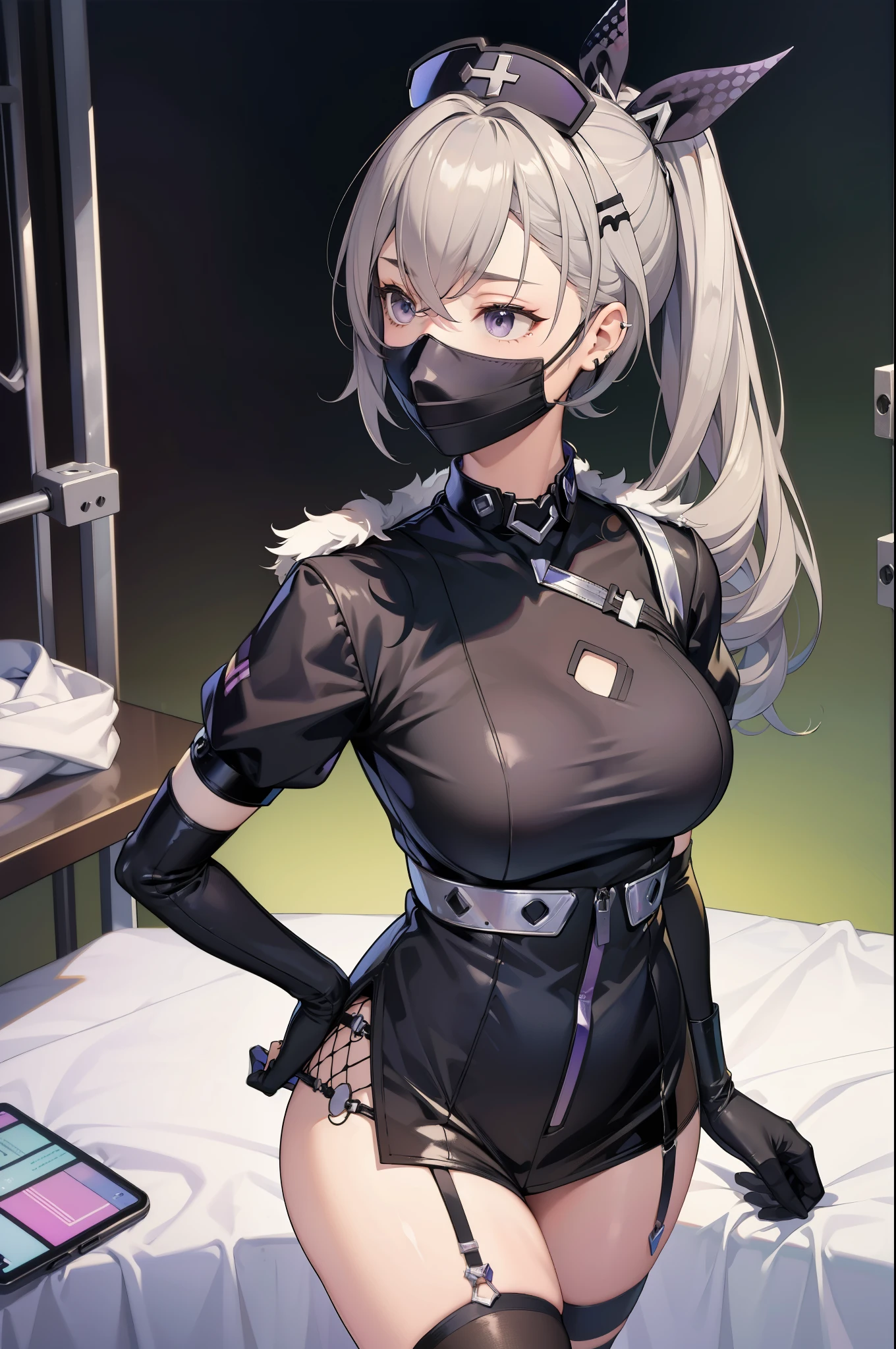 black nurse, 1girl, solo, black nurse cap, black wear, ((black legwear, zettai ryouiki)), black elbow gloves, twintails, yellow hair, purple eyes, ((black surgical mask, covered nose)), standing, ((surgery room)), sharp outline, short sleeves, best quality, masterpiece