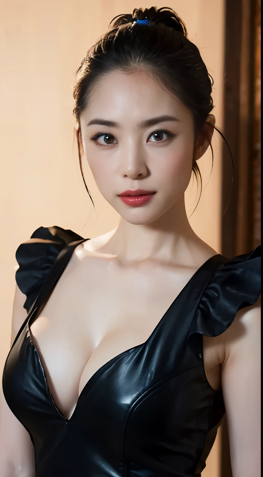 Highly detailed CG Unity 8k wallpaper, top quality, Super detailed, table top, realistic, photo-realistic, Highly detailed cute girl, 25 years old, ,, whole body, ,big breasts,black eye,rubber dress