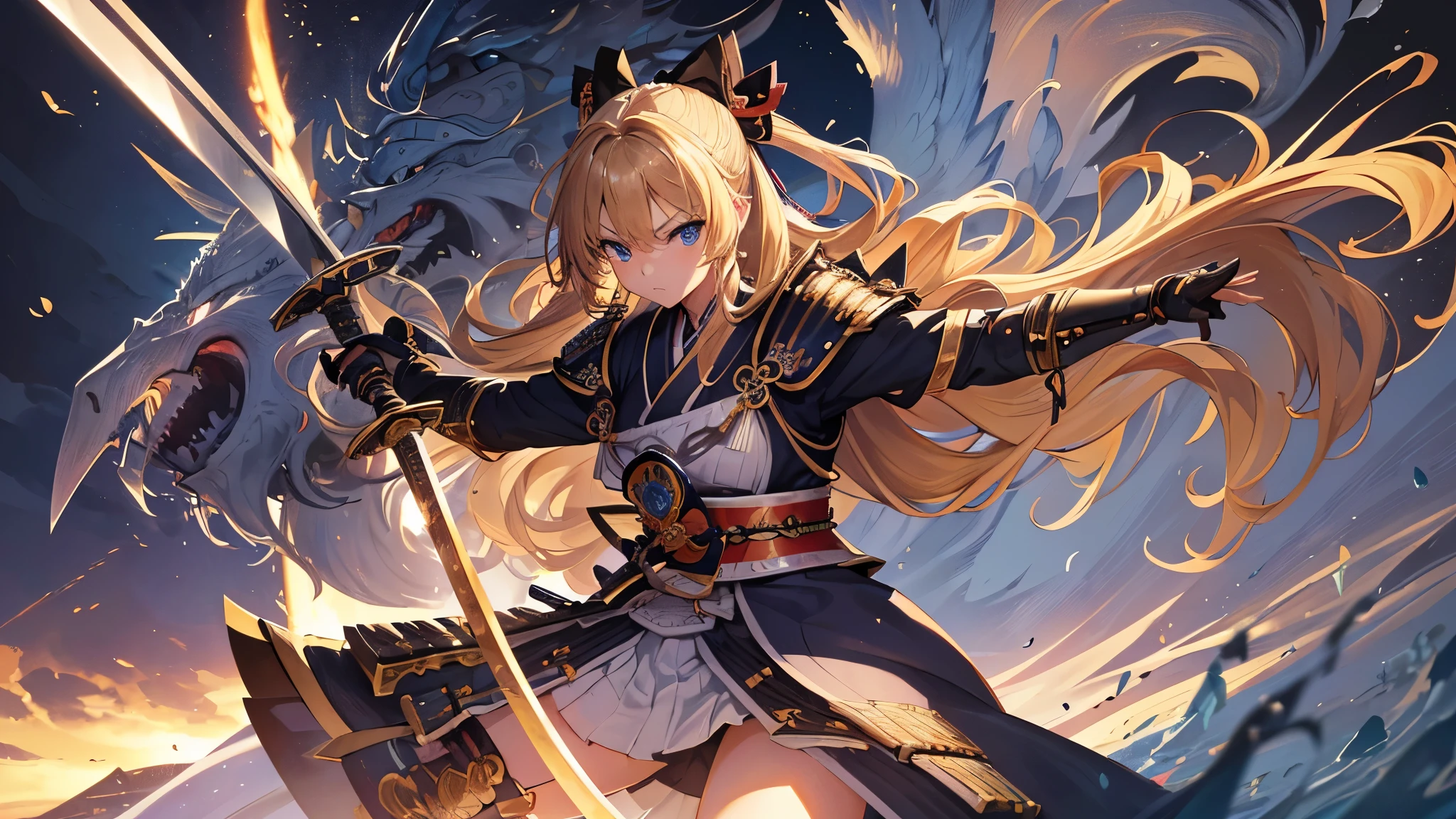perfect anatomy, masterpiece:1.2, best quality, 8k, beautiful detailed grow, daydreaming expression, break, panoramic wide-angel ((hand holding Japanese long swords gripping swords in hands)), (solo curly blonde hair long hair black bow in hair cute girl, cute blue eyes, serious face), ((in a samurai armor)), (((in the sengoku battlefield))).