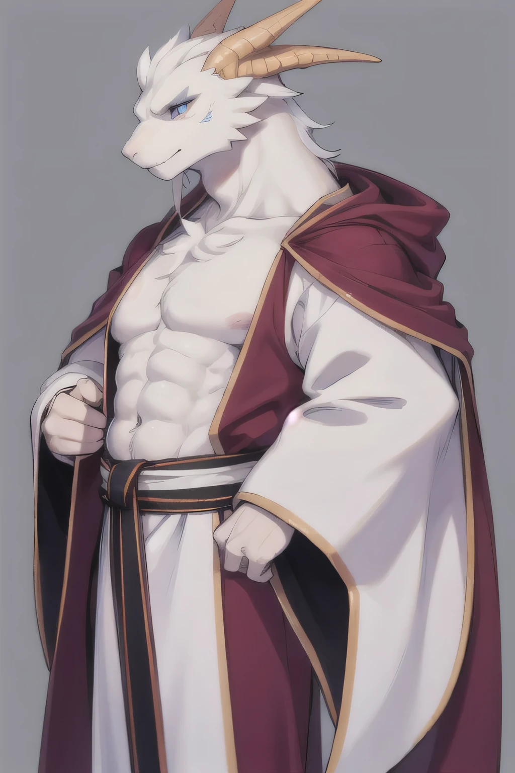White Dragon, olhos azuis claros, vestindo manto de monge, corpo forte