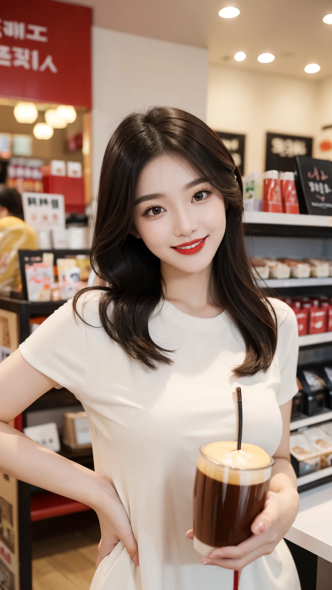 (8k, RAW photos, highest quality, masterpiece: 1.2). (Realistic, Photorealistic: 1.37), A beautiful girl in business attire is sitting in a crowded café, holding a coffee cup. Surrounded by many people sitting chatting and having fun. The girl looks very confident and attractive, with a relaxed and relaxed attitude. The girl's business attire is very polite and suitable for the café space. She sits alone, but still looks very comfortable and delighted in the lively atmosphere of the café. While drinking coffee, the girl smiled broadly and looked around, enjoying her relaxing moment. Overall, this girl looks very beautiful and charming in business attire and café environment. huge chest, slender waist, wide hips, thick thighs, hourglass body