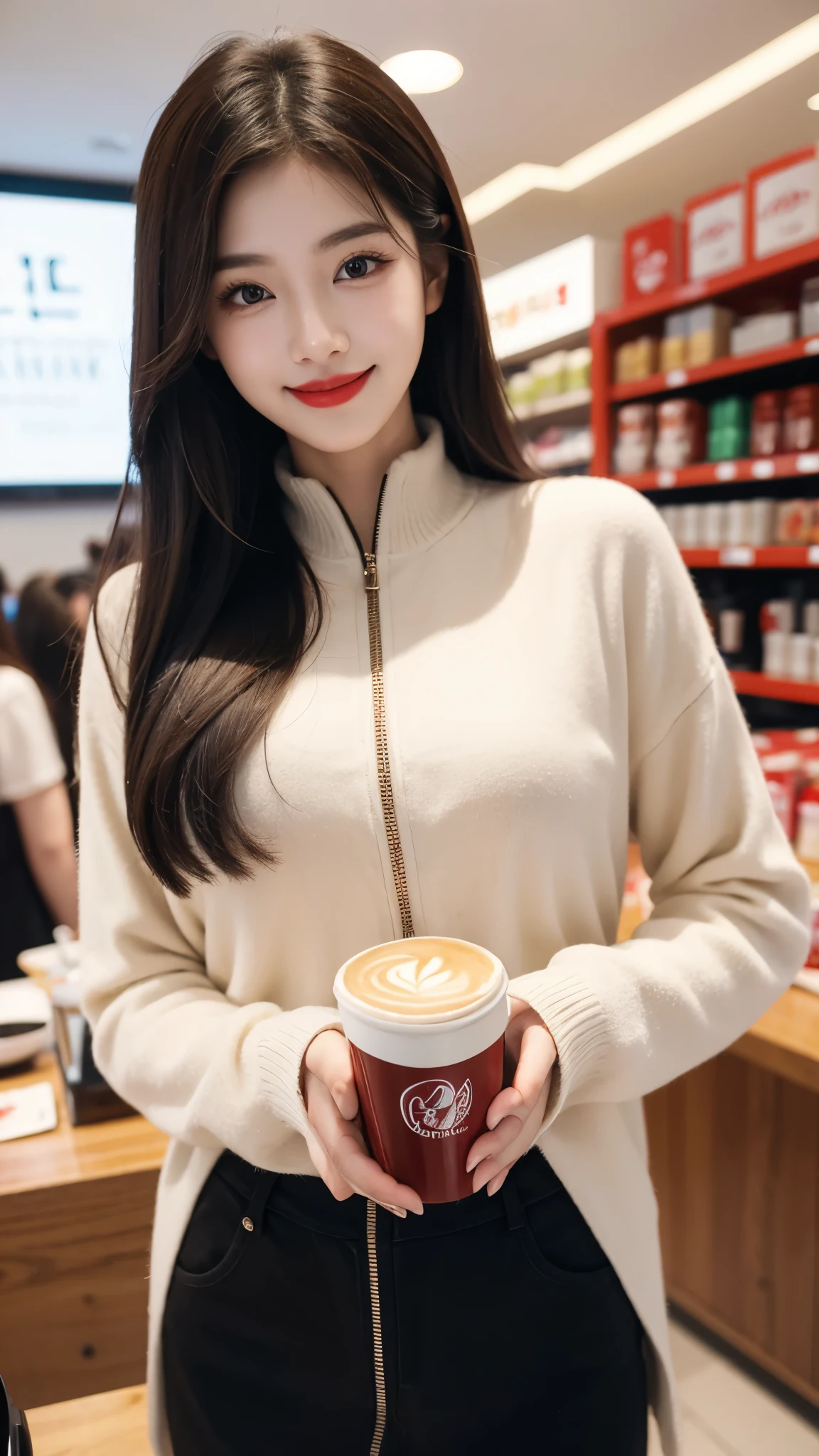 beautiful girl, korean makeup, korean girl, red lips, smiling, girl having coffee in the store.
